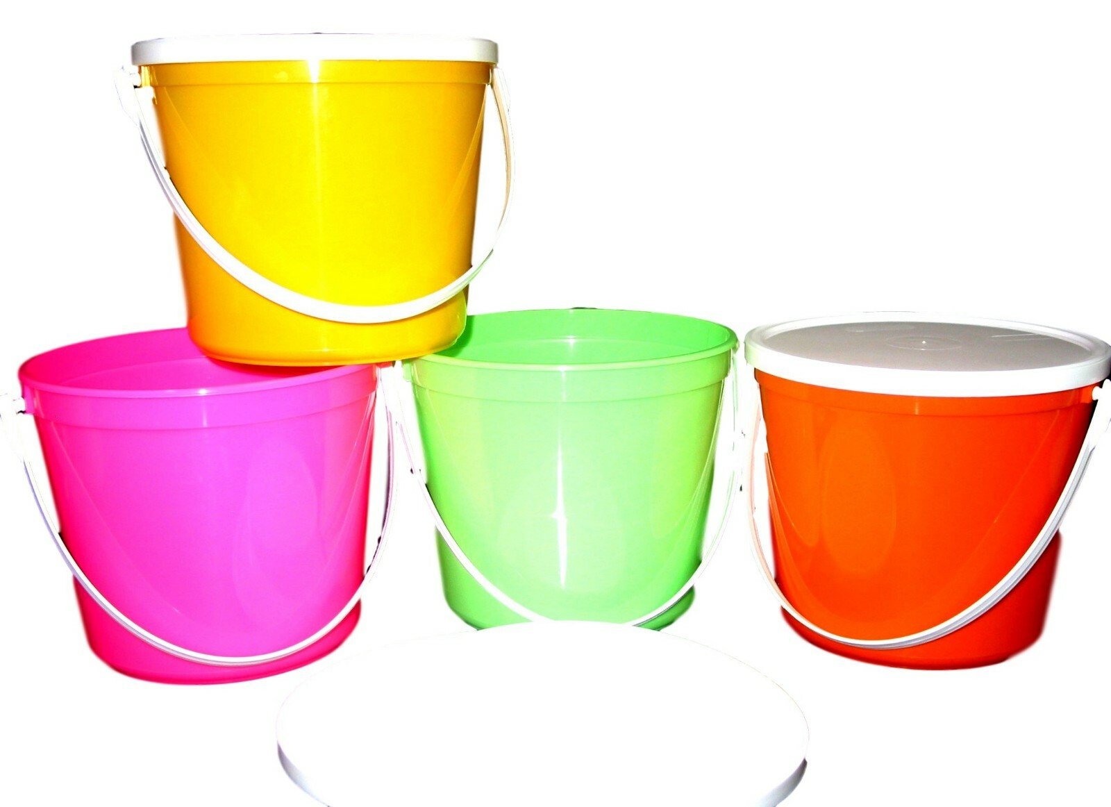 4 80 Ounce Plastic Buckets & Lids Pink Orange Lime Yellow Made in USA Lead Free