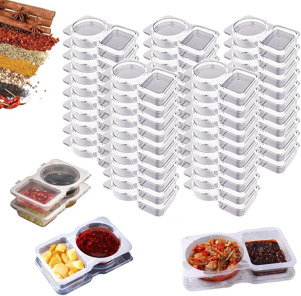 50PCS Double Compartment Condiment Containers w/ Lids Clear Snack Sauce Cups