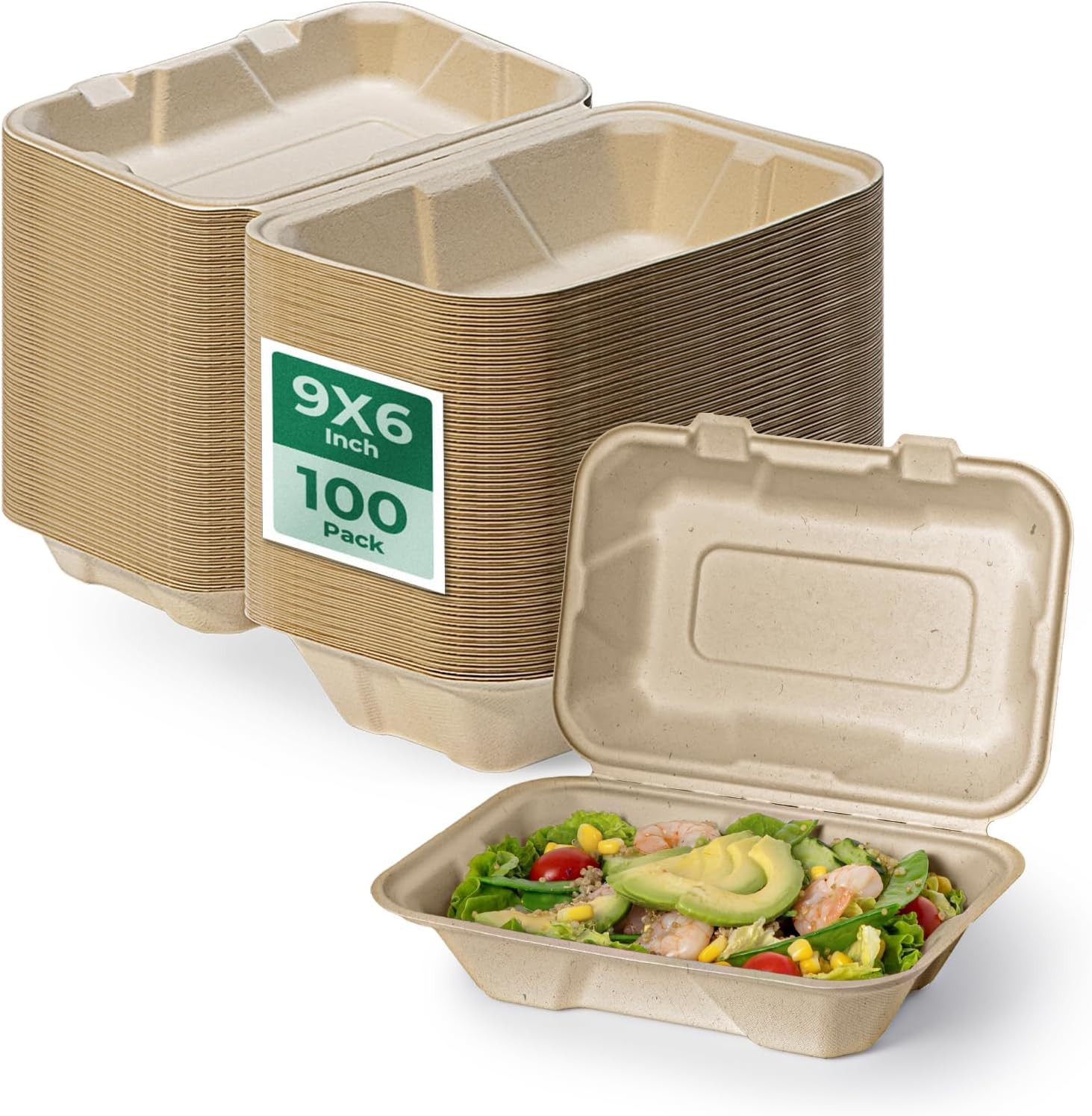 100 Pack 9X6 Compostable to Go Food Containers, Disposable to Go Boxes for Food,