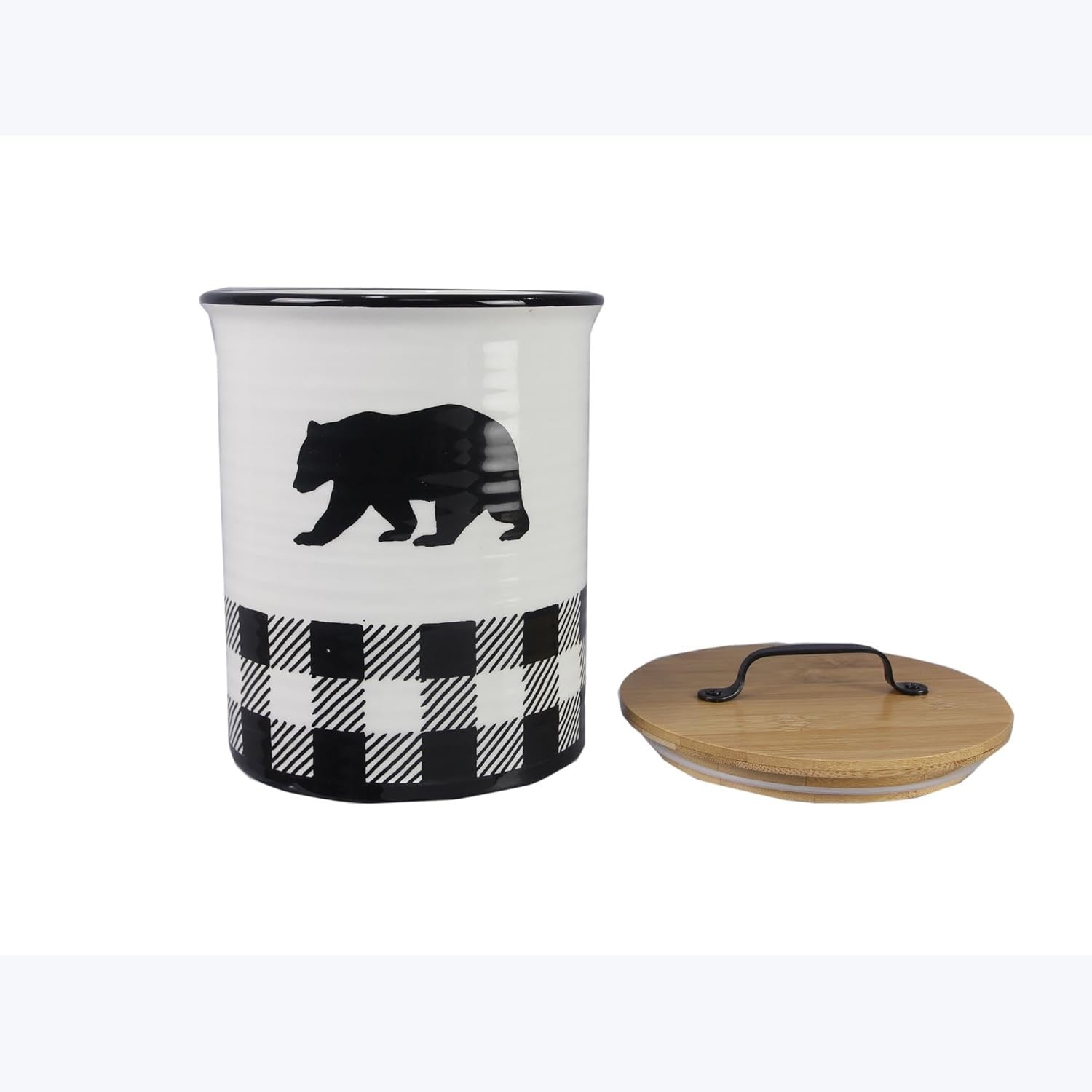 Young’s Ceramic Treat Jar with Airtight Lid, Black and White Buffalo Plaid Bear