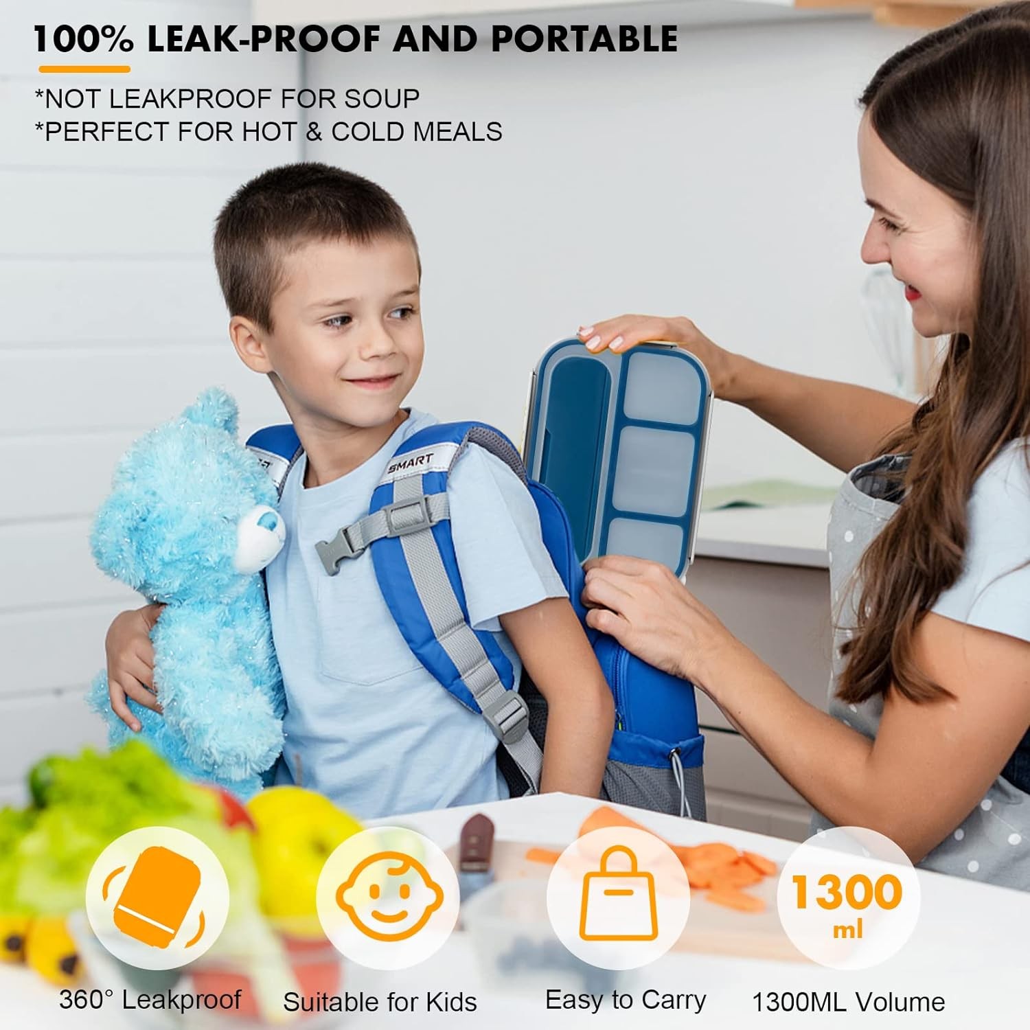 Bento Box, Lunch Box Kids, 1300ML Adult with 4 Blue