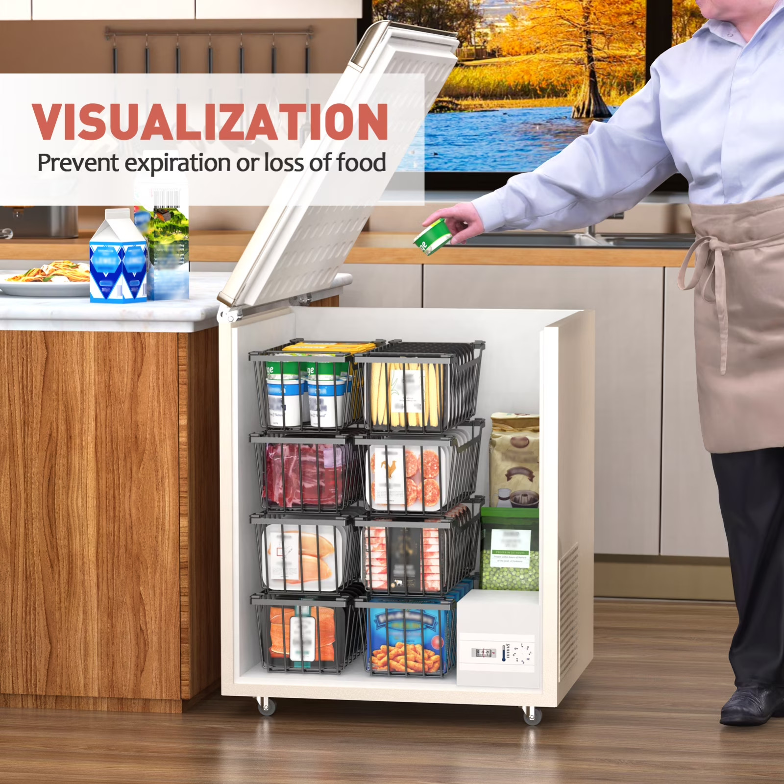 SUNALLY Freezer Organizer Bins 4 Pack, Stackable Freezer Baskets with Foldable