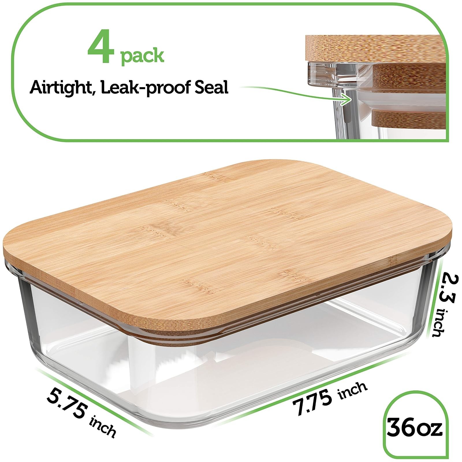 Glass Food Storage Containers Bamboo Lids 4 Pack 36oz