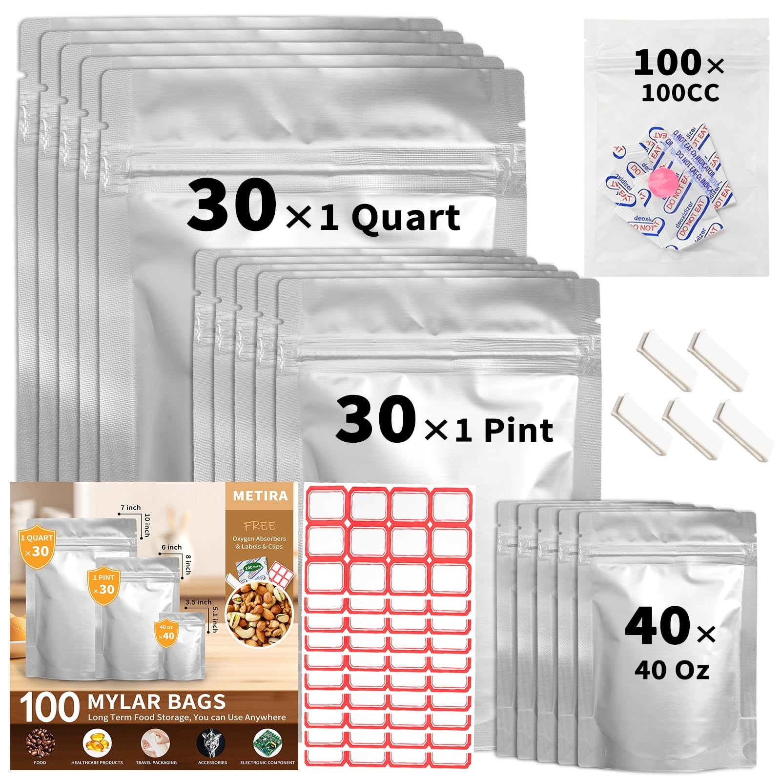 100 PCS Mylar Bags with 100cc Absorbers, 3-Size Variety Pack (1 Quart, 1 Pint…