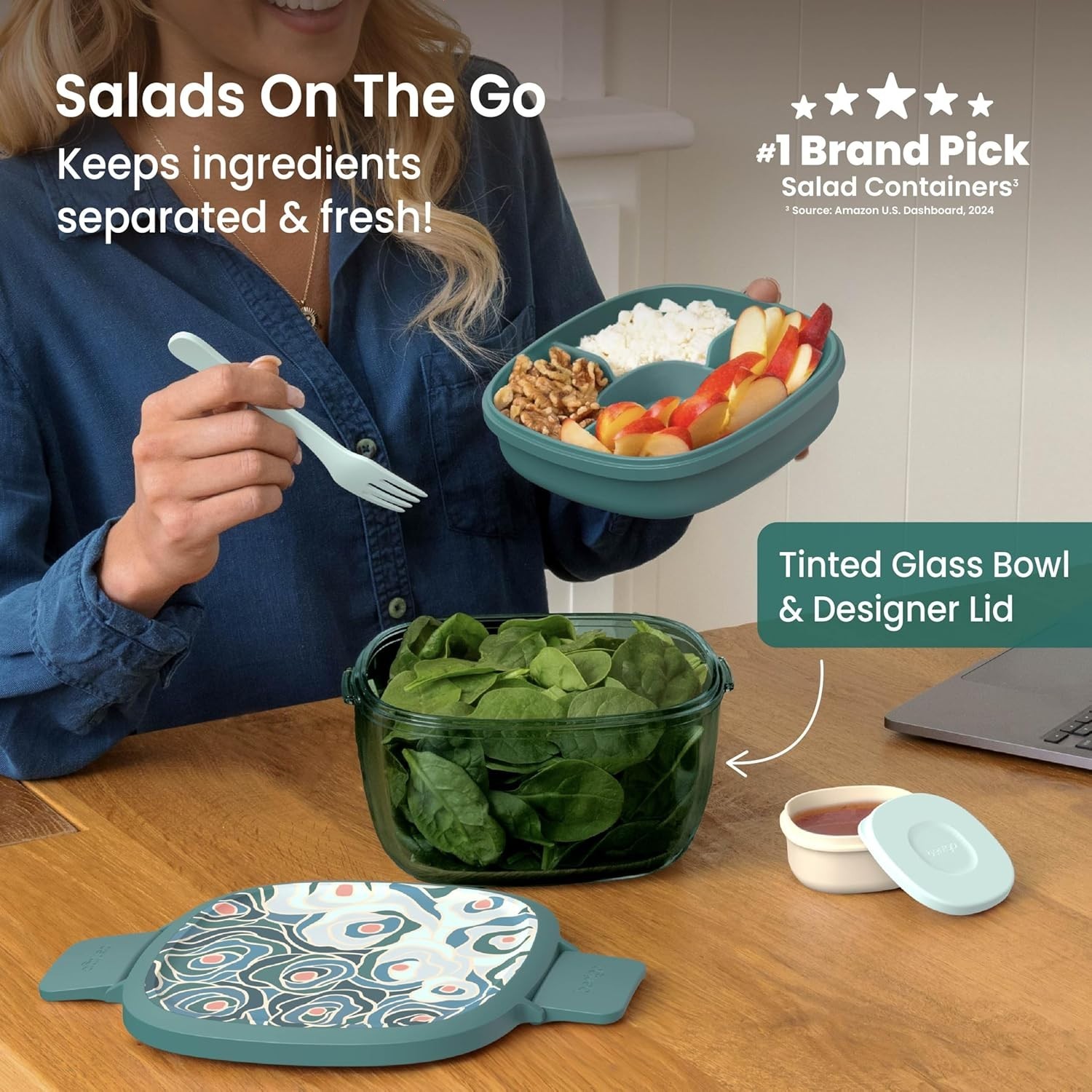7.6 Cup Glass Salad Container Bento Tray Leakproof Lid Floral Sea