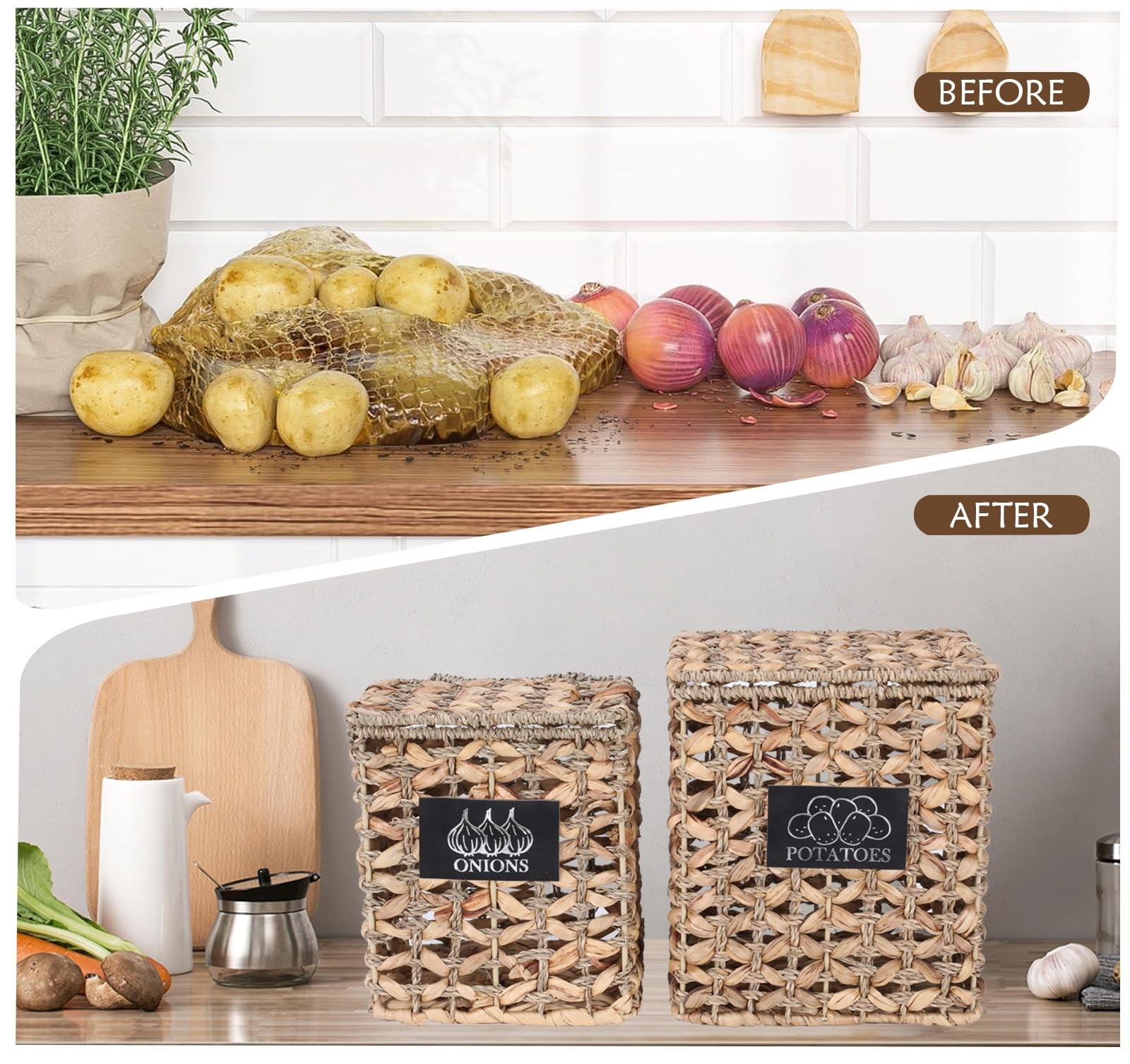 2 Pack Potato and Onion Storage Bin, Stackable Woven Basket with Lid, Vegetab…