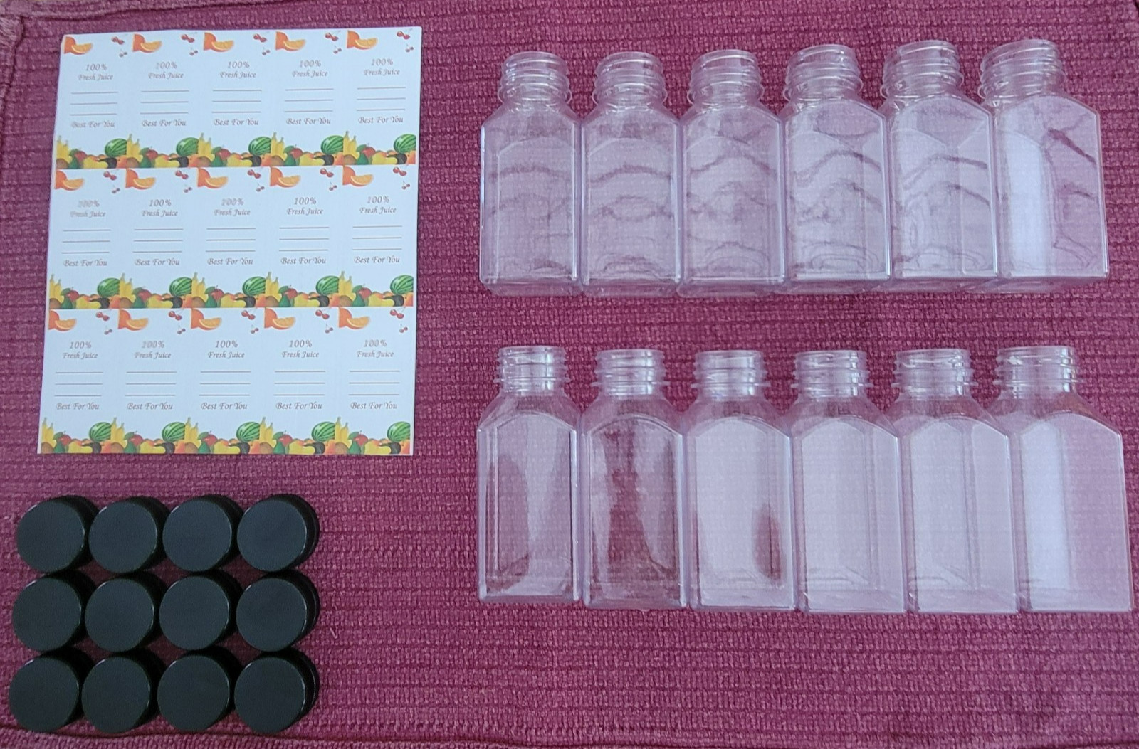 12pcs 8 oz Clear Juice Bottles with Caps Reusable Empty with labels (lot of 12)