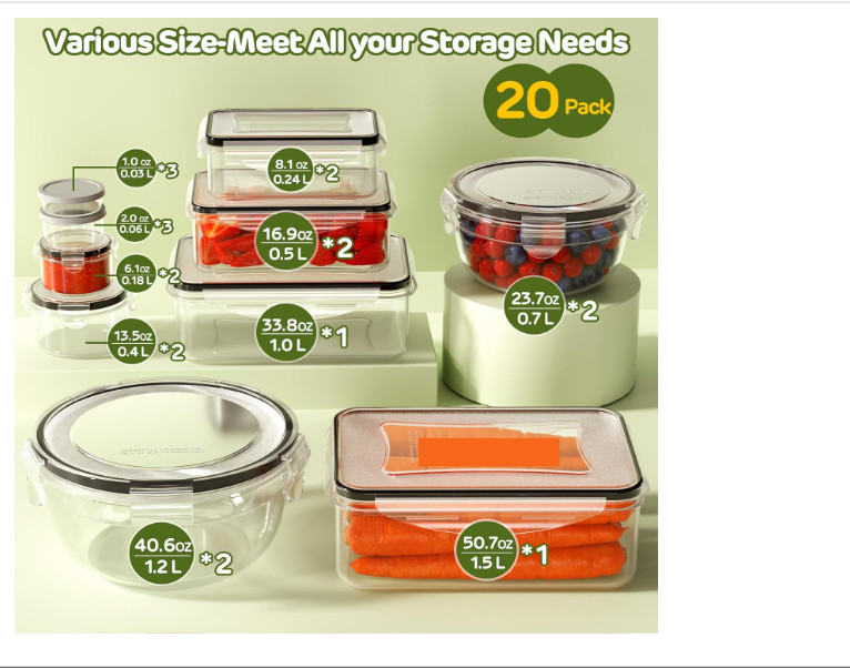 40PC Airtight Food Storage Containers Set BPA Free Leakproof Meal Prep