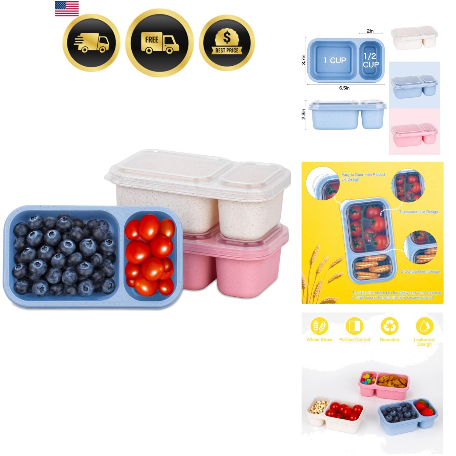2-Compartment Reusable Snack Containers with Lids, Wheat Straw Reusable Snack…