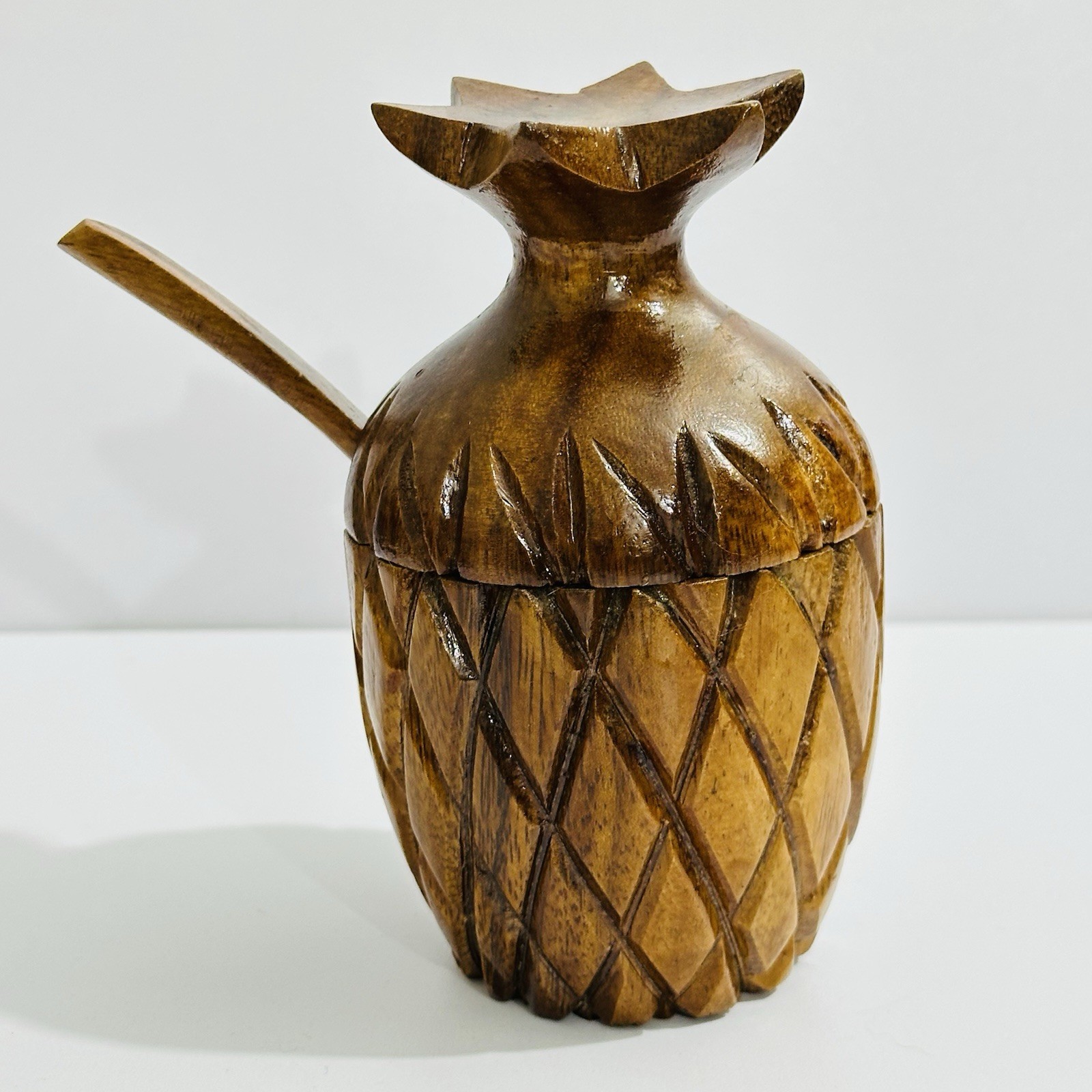 Hand Carved Wooden Sugar Pot w Lid & Spoon Pineapple Finial Folk Art Condiment