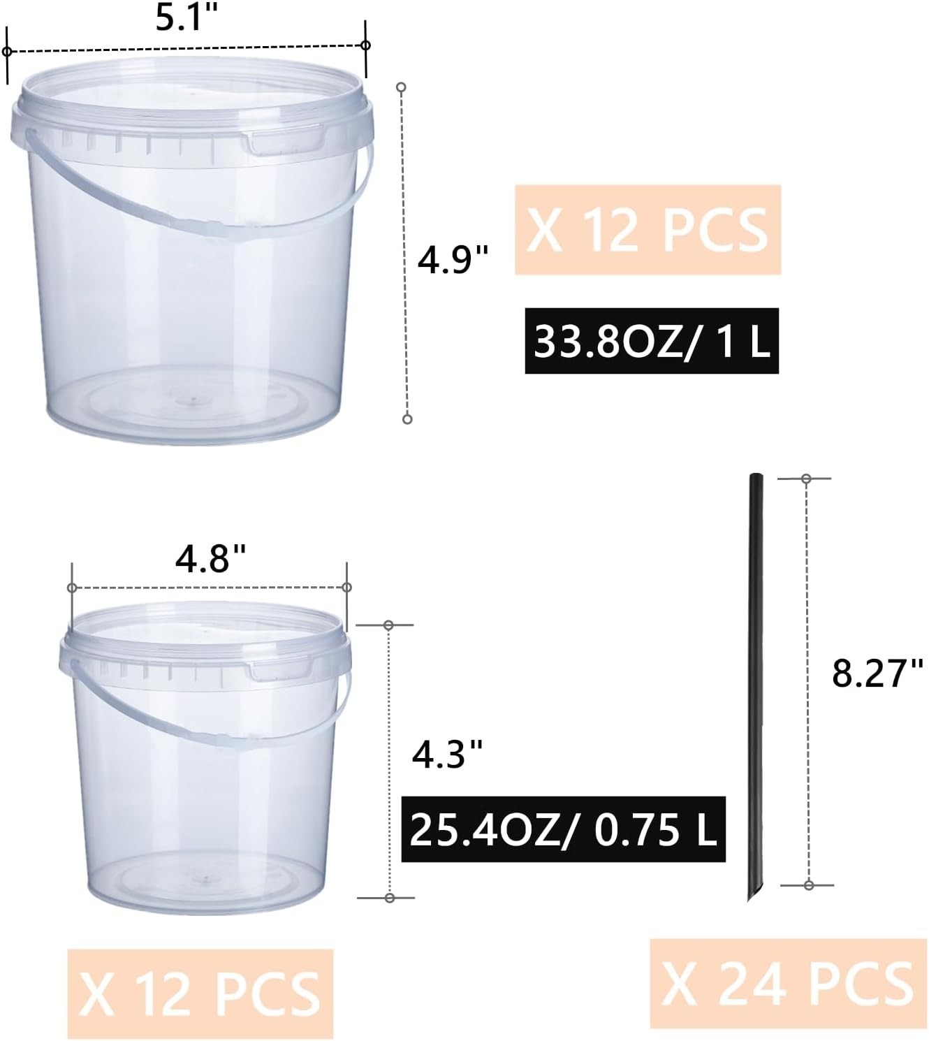24 Pack Ice Cream Bucket with Lids and Handles, 25OZ/ 33OZ Clear Plastic Rum …