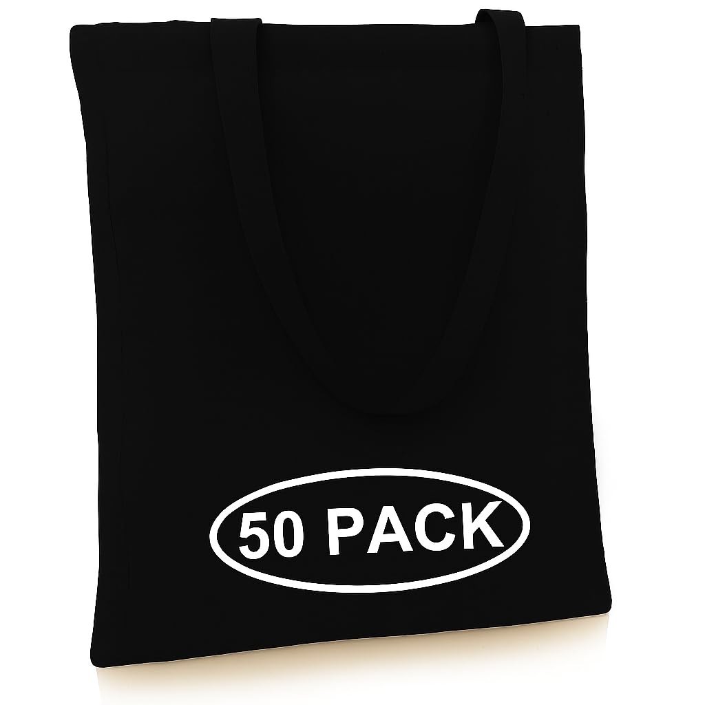 Simply Cool 50-Pack Black Canvas Tote Bags Bulk – Lightweight Medium Reusable