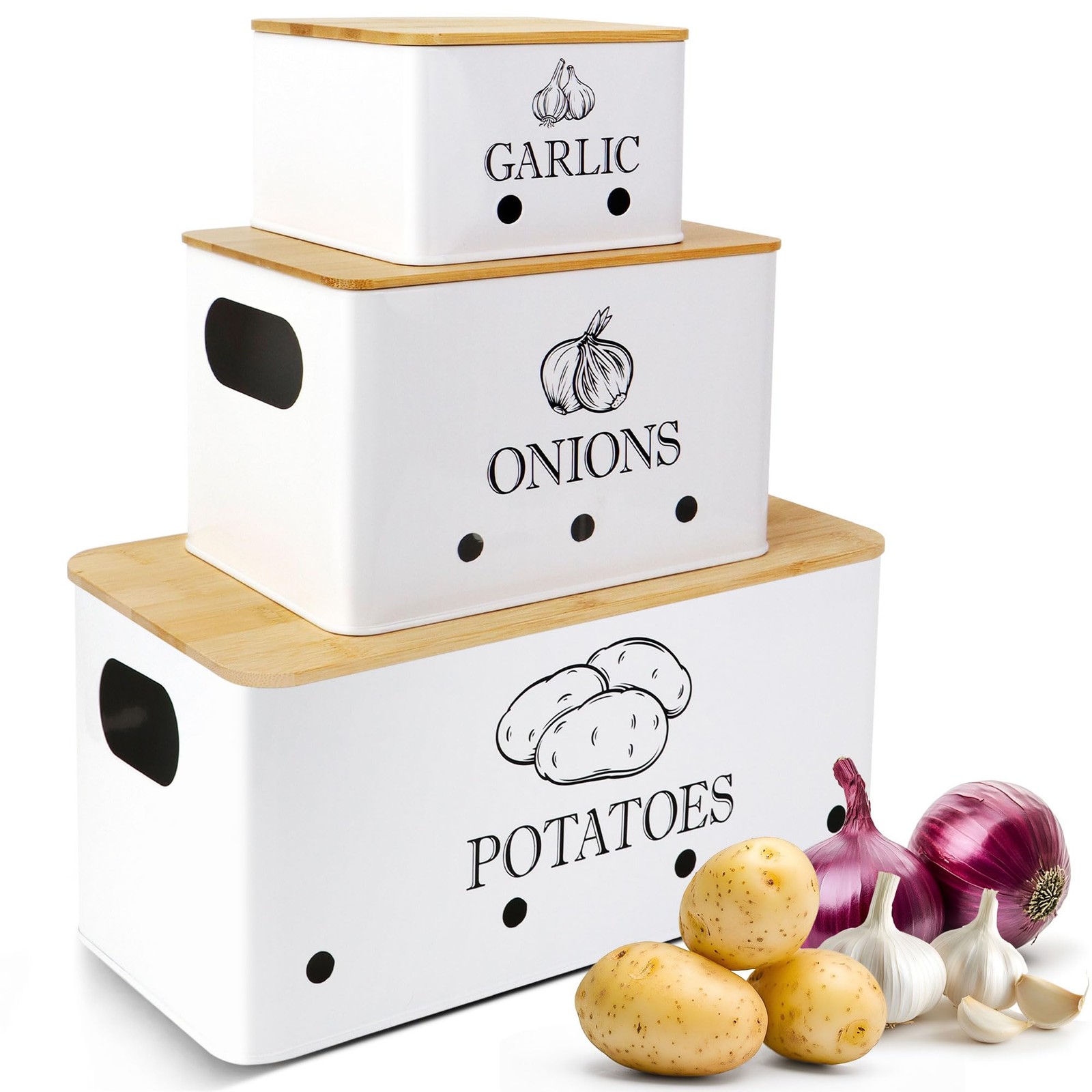 Kitchen Metal Vegetable Storage Bins,Metal Potato Onion Garlic Storage Set of…