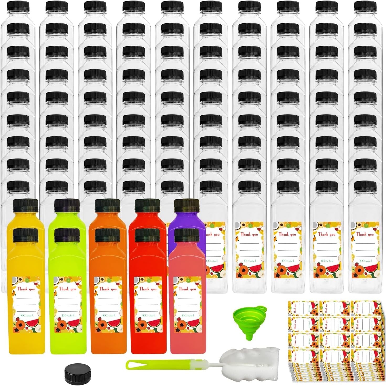 100PCS 16oz Plastic Juice Bottles with Lids Clear Reusable Beverage Set