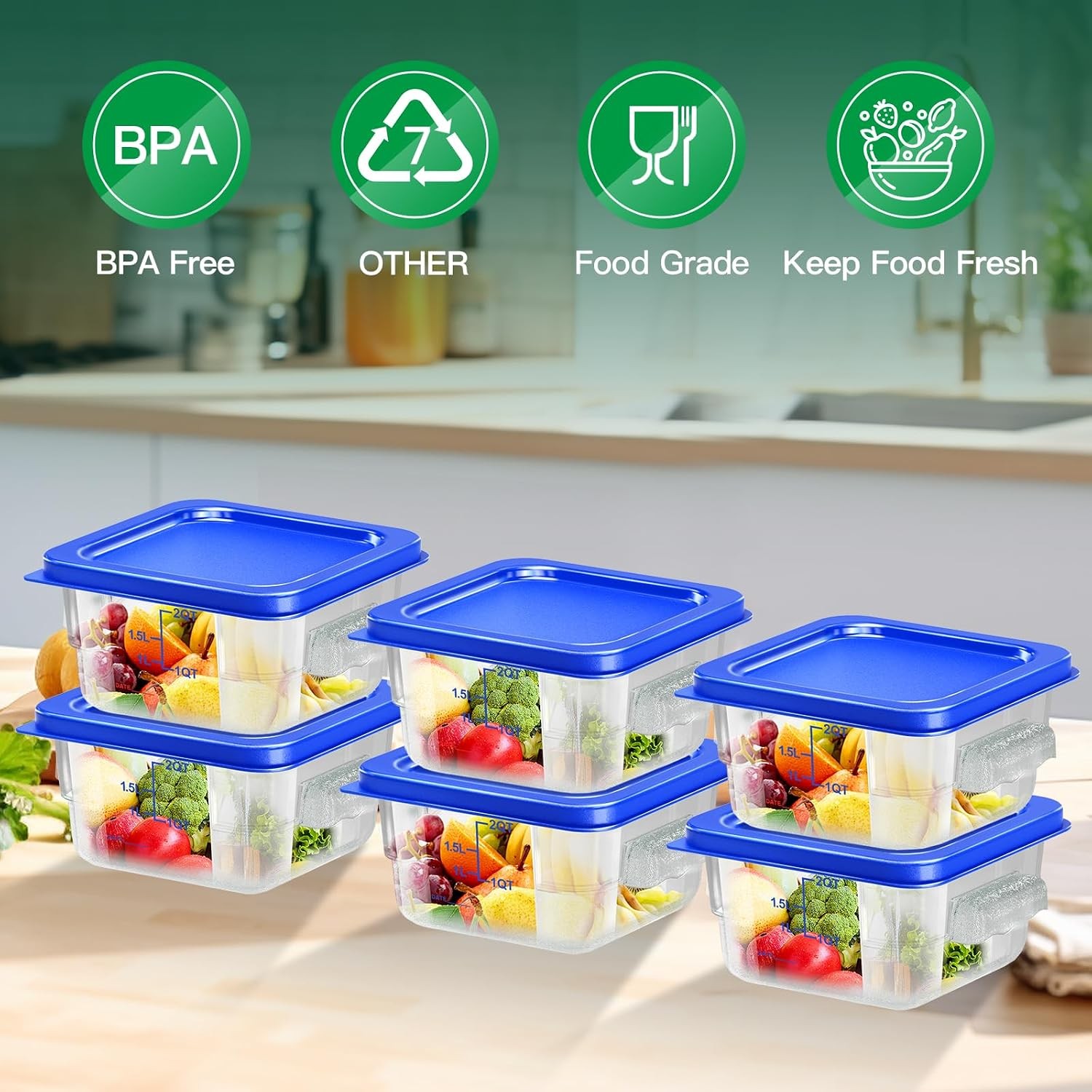 6 pcs 2qt Food Storage Containers W/ Lid Square Clear Commercial Food Storage