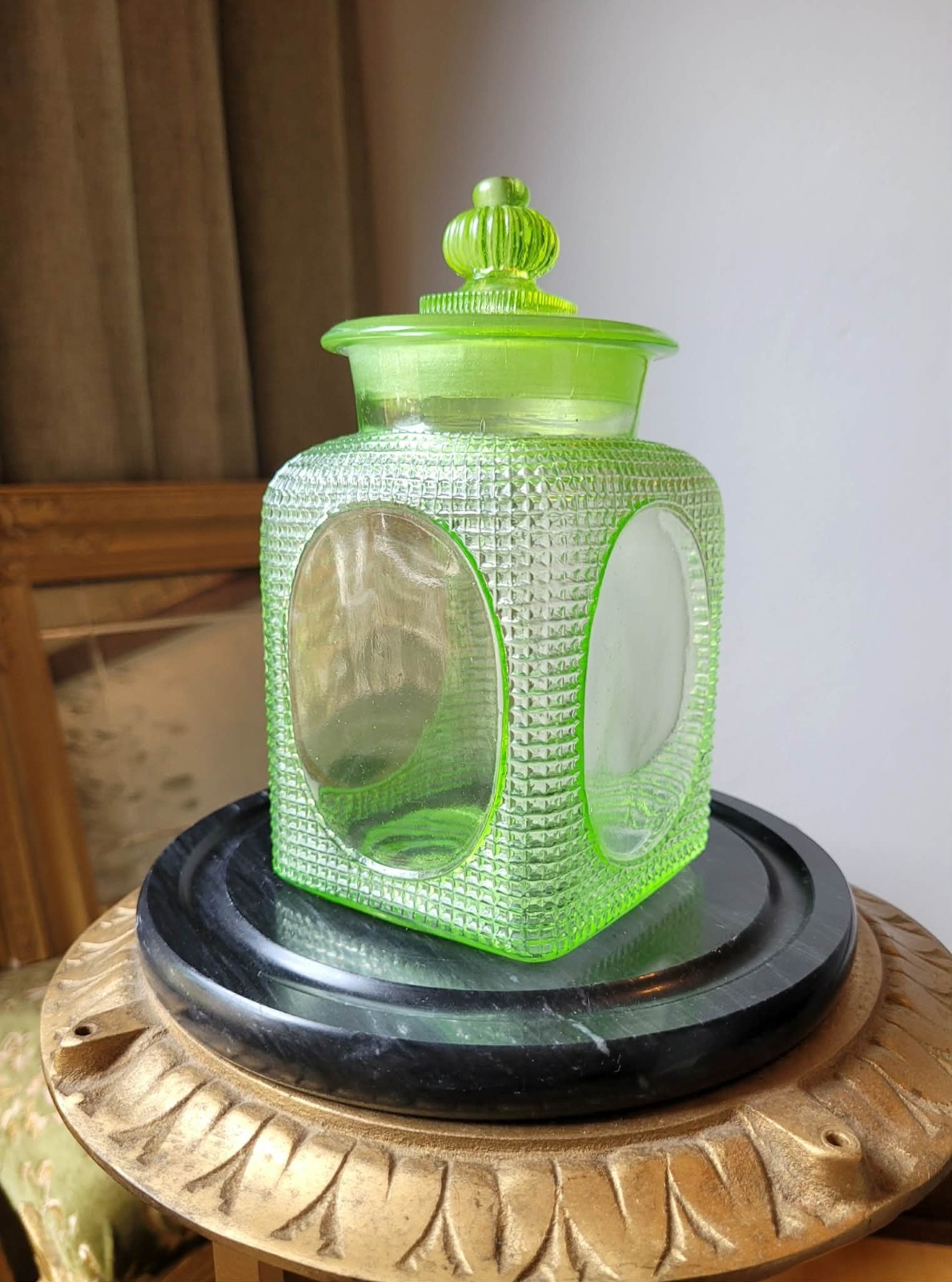 Rare Vtg 30s Japanese Green Glowy Glass Ameyabin Lidded Candy Shop Canister