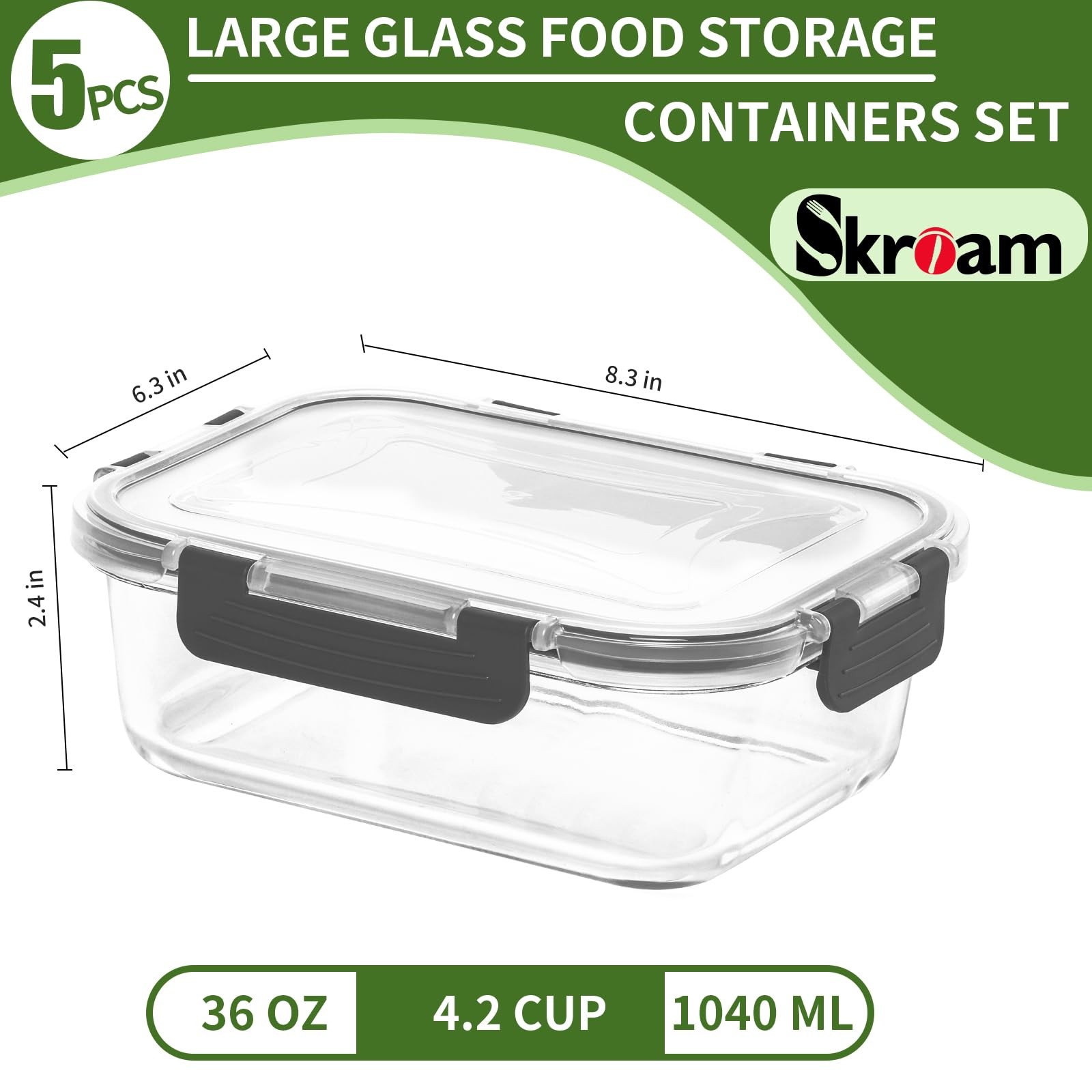 5-Packs 36OZ Glass Food Storage Containers with Lids Airtight, Glass Meal Pre…