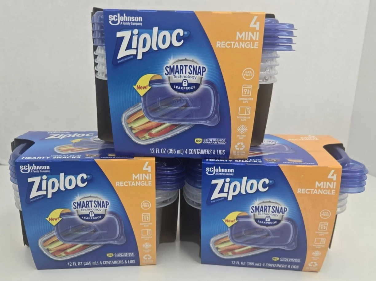 3 Ziploc Smart Snap Mini Rectangle Container Each Contains 12 Fl oz of Space.