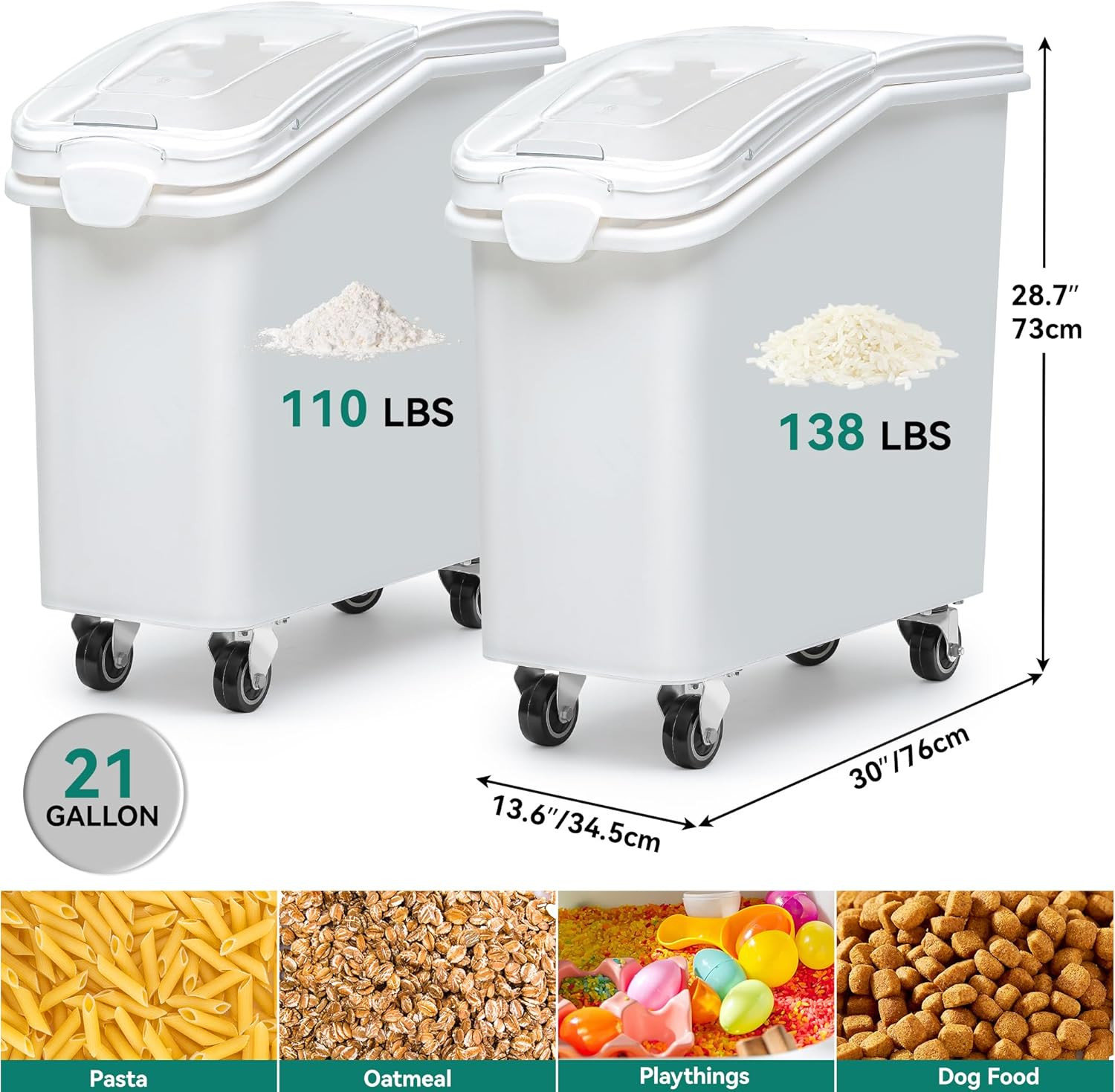 21-Gallon Food Storage Containers with Wheels & Scoop – 2 Pack, White