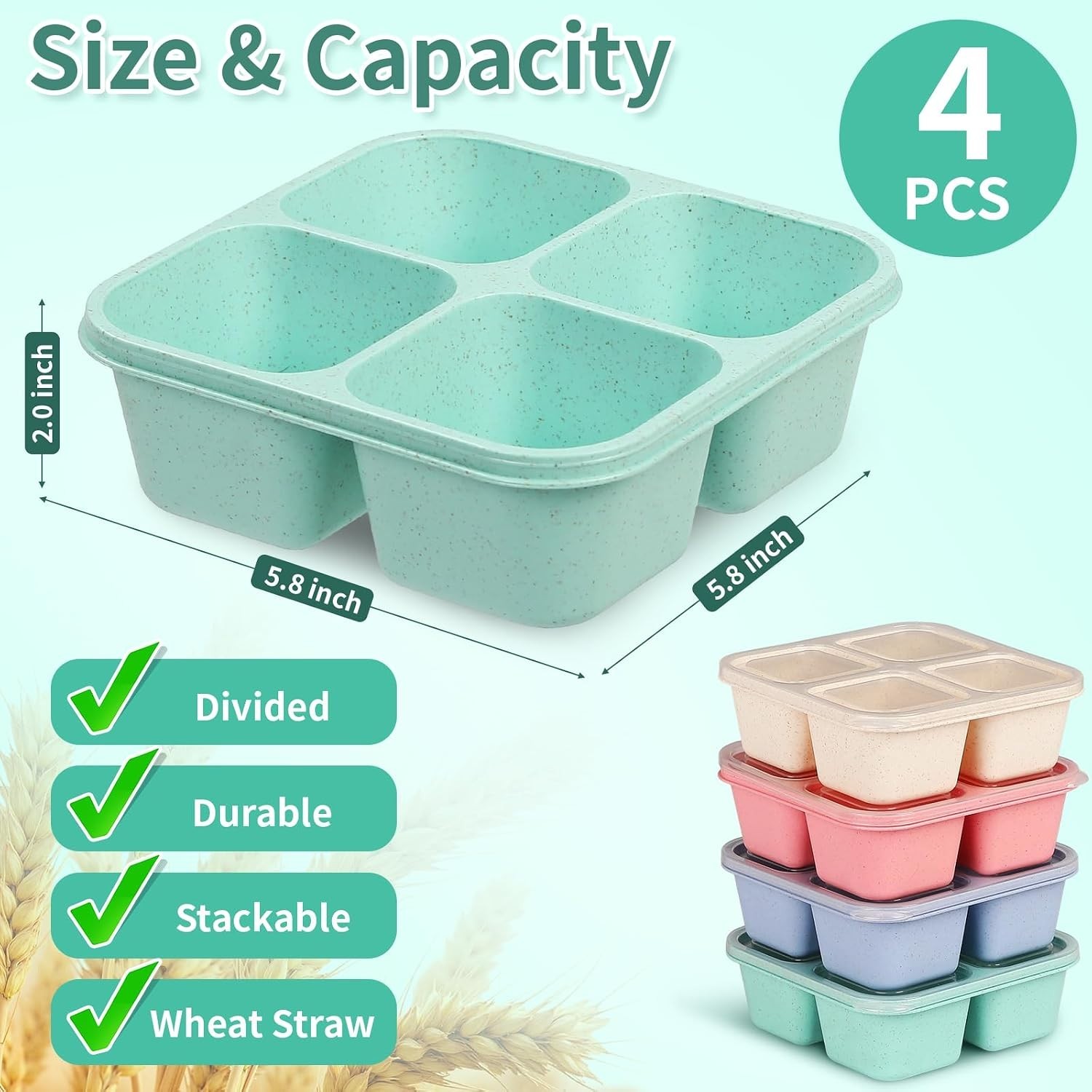 4 Pack Stackable Wheat Straw Bento Snack Containers – Dishwasher Safe & Portable
