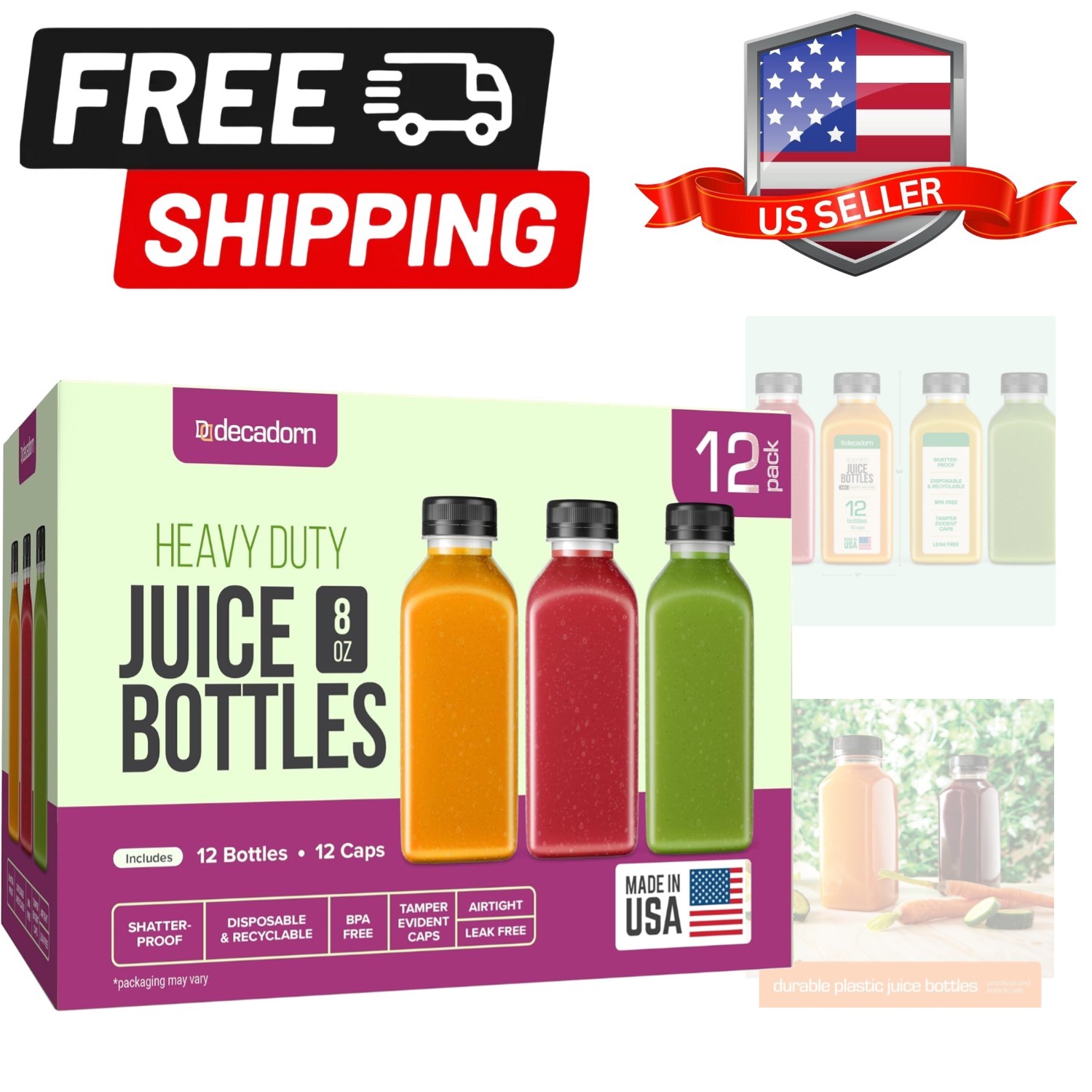 8oz 12pcs Plastic Bottles With Caps – Juicing Bottles For Juicing – Clear Mi…