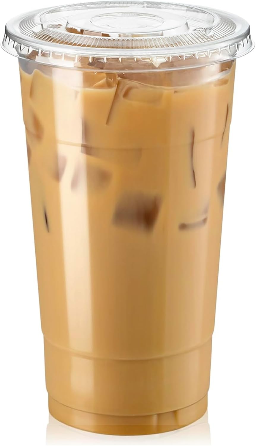 100 Pack 32 oz Clear Plastic Cups with Flat Lids, Disposable Iced Coffee Cups,
