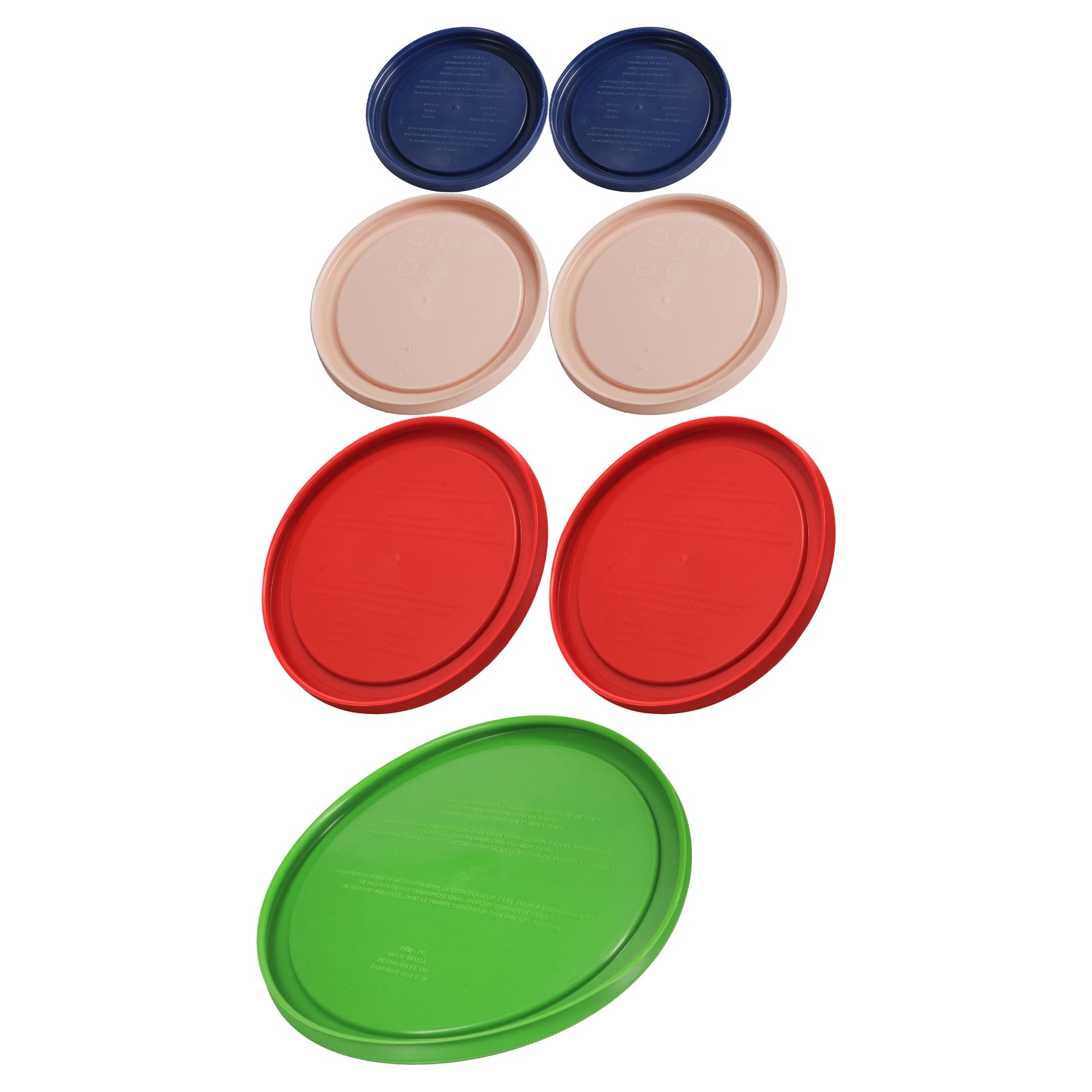 Pyrex Lids: (2) 7202-PC BL, (2) 7200-PC RSW, (2) 7201-PC PR, (1) 7402-PC GN