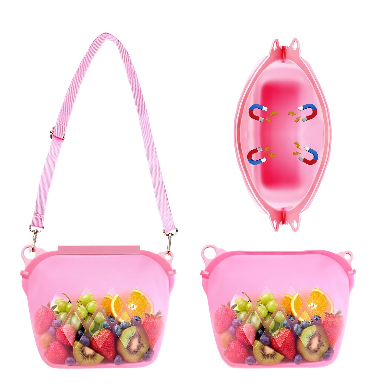 Reusable Silicone Food Storage Bag 50 oz, Magnetic Auto-Seal (Pink)