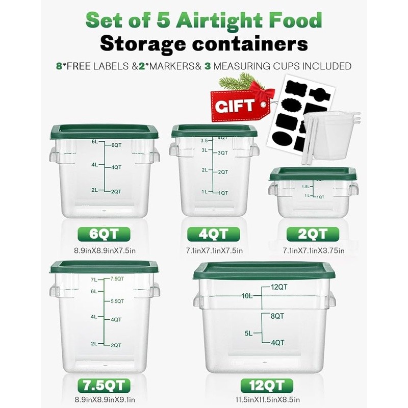 Clear Food Storage Container Set 8Qt 4PCS W/ Labels Marker Measuring Cups New