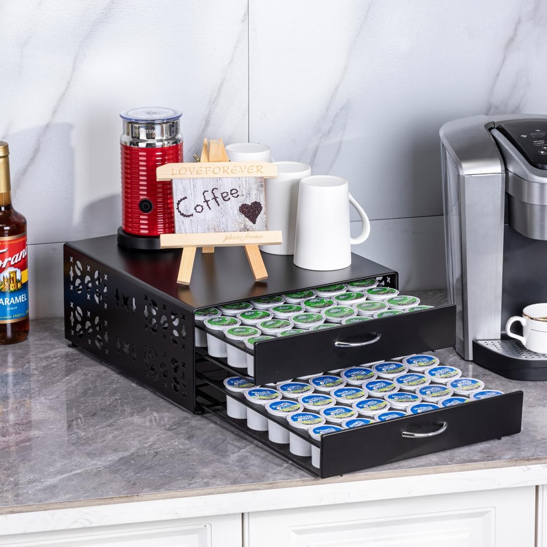 FlagShip K Cup Organizer Drawer 2 Tier Coffee Pod Holder for Keurig Black