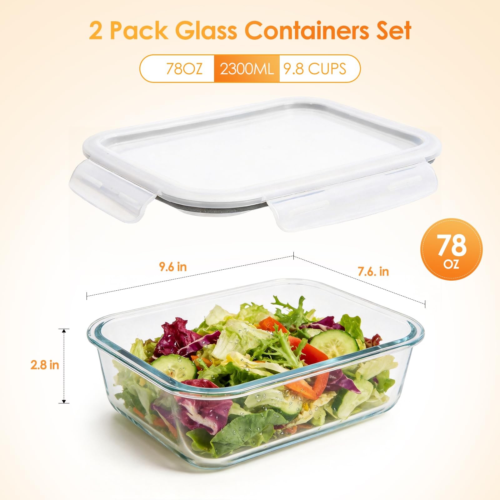 2 Pack 78oz/2300ml Large Glass Storage Containers with Lids, Meal Prep Food C…