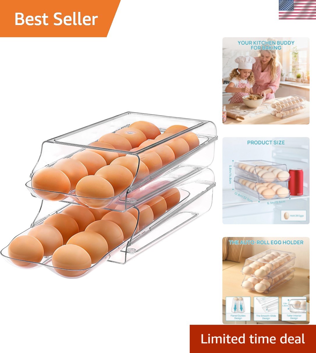 Clear Plastic Egg Holder for Fridge, Automatic Rolling Egg Container for Refr…
