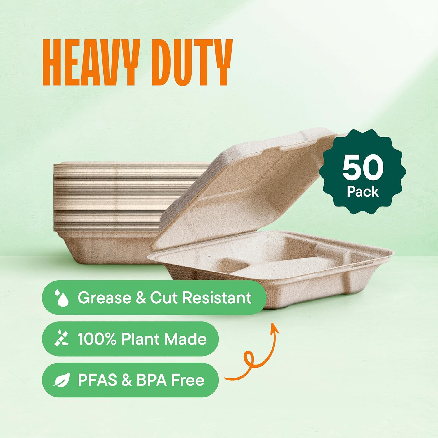 100% Compostable Clamshell Take Out Food Containers [8X8″ 3-Compartment 50-Pack]
