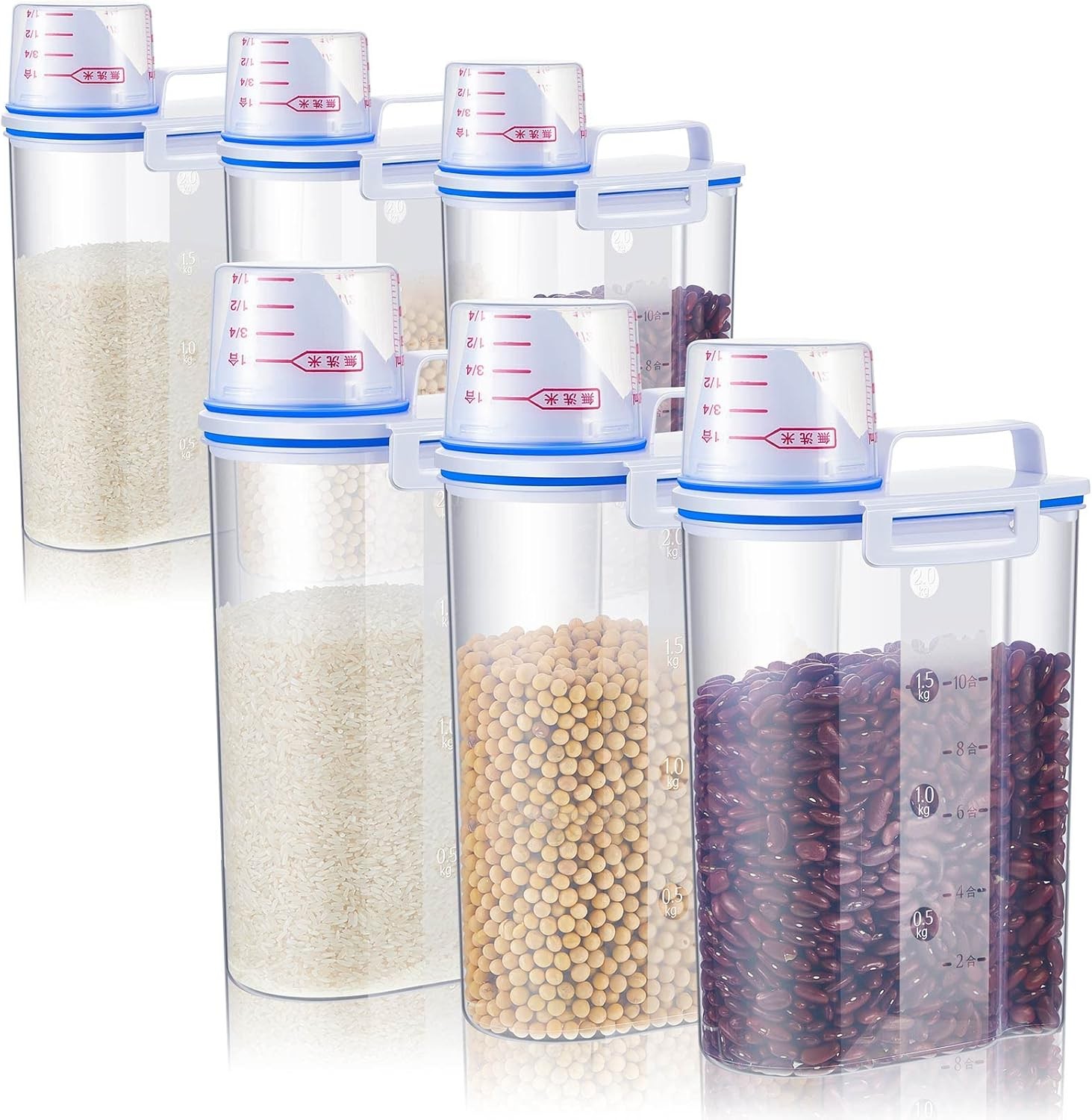 6 Pcs Rice Airtight Storage Container 3 to 5Lbs with Pour Spout,Measuring Cup