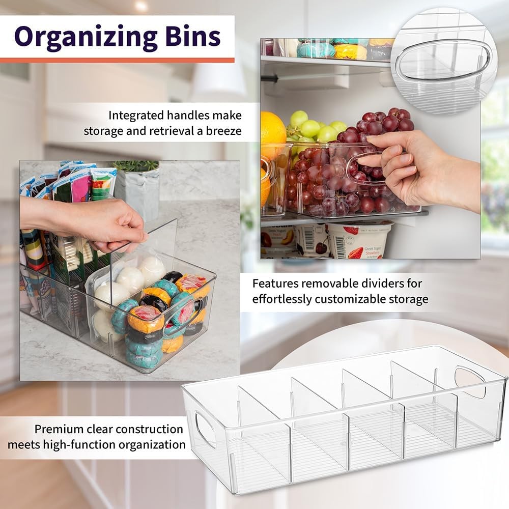 4PCS Plastic Pantry Organization and Storage Bins with Removable Dividers NEW