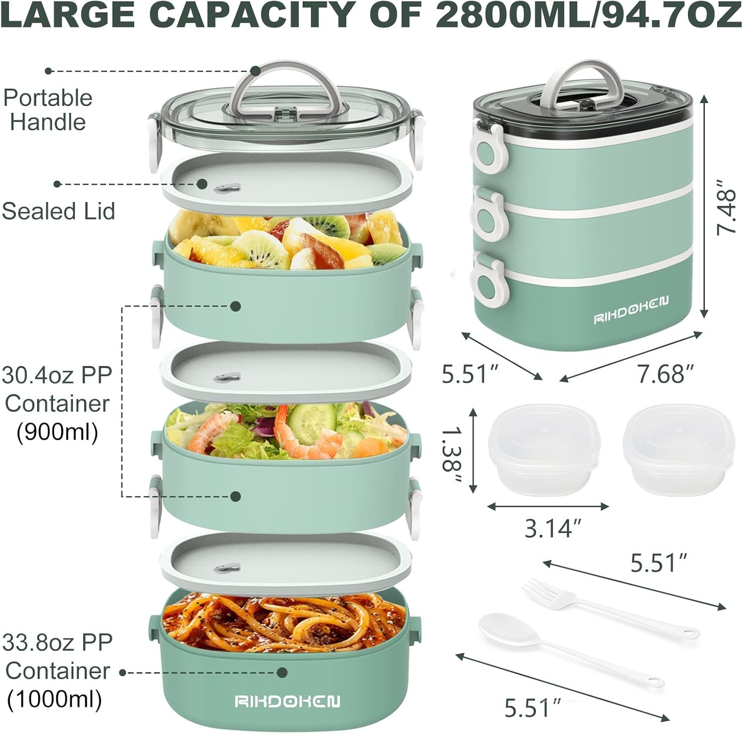 Lunch Box, Stackable 3 Layers Containers, Portable 94OZ 3 Layers, A-Green