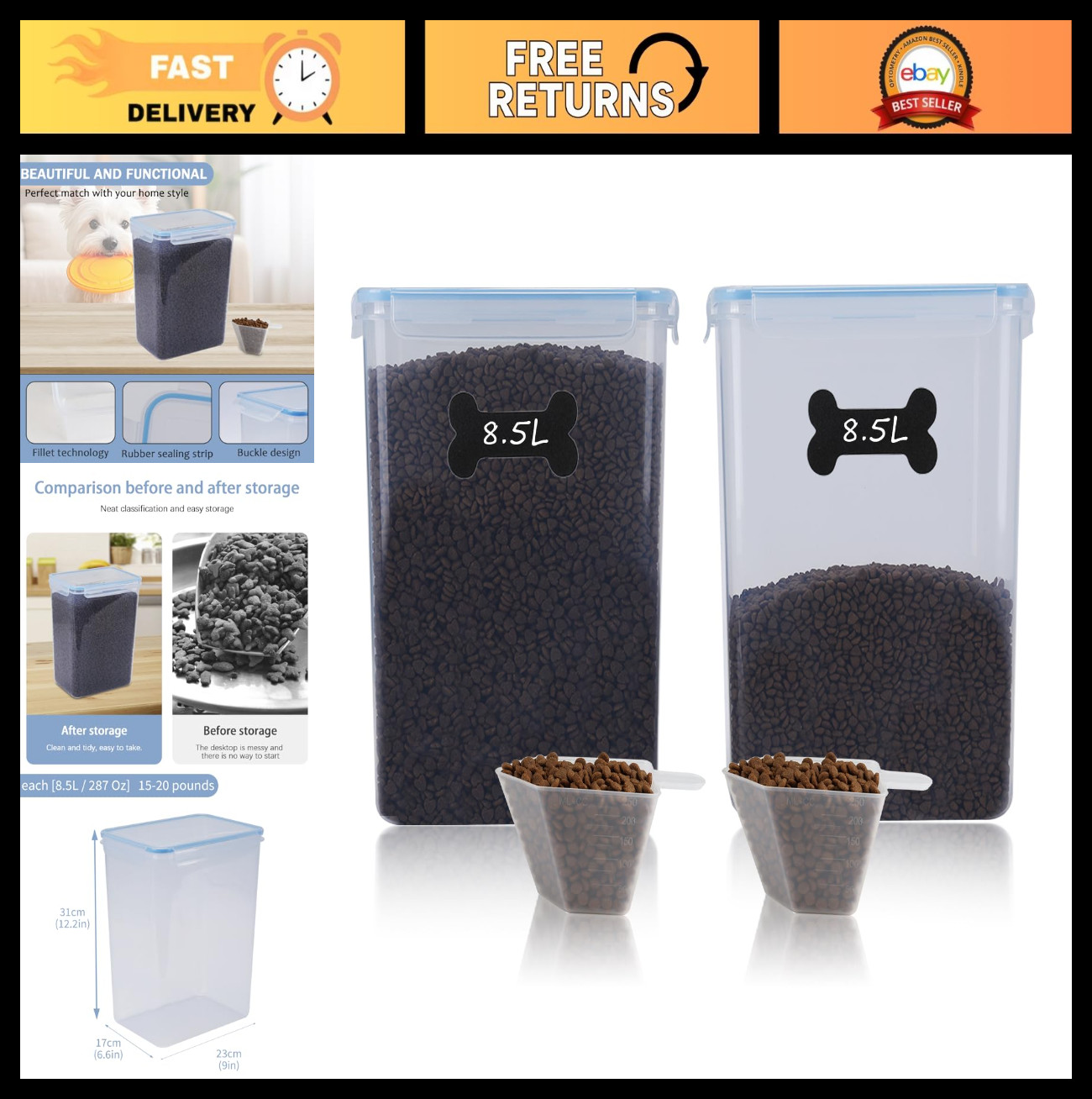 2 PC Extra Large Airtight Food Storage Containers – 8.5L/287 Oz, Holds 8 lbs Eac
