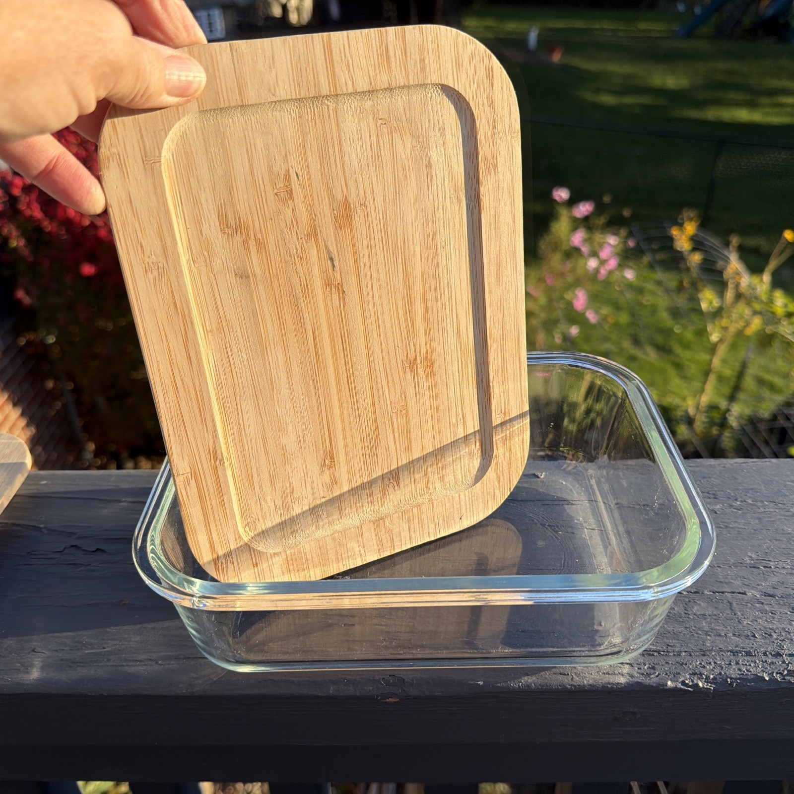 Glass Food Storage Container With Bamboo Lid Rectangle . 6 1/2” x 8 3/4”