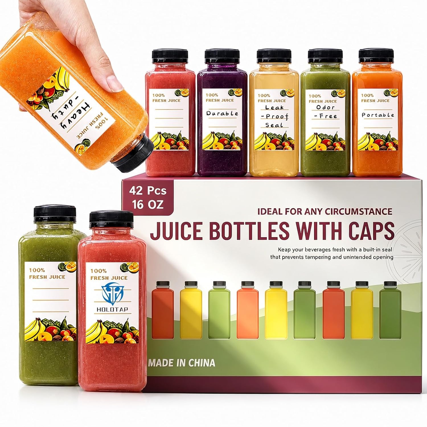42Pcs 16Oz Plastic Juice Bottles with Caps, Empty Plastic Bottles for Juicing,16