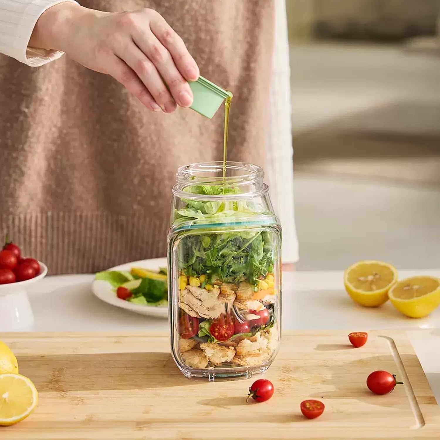 2 Pack Salad Jar Plastic Mason Jar with Side Opening Fruit Storage Box