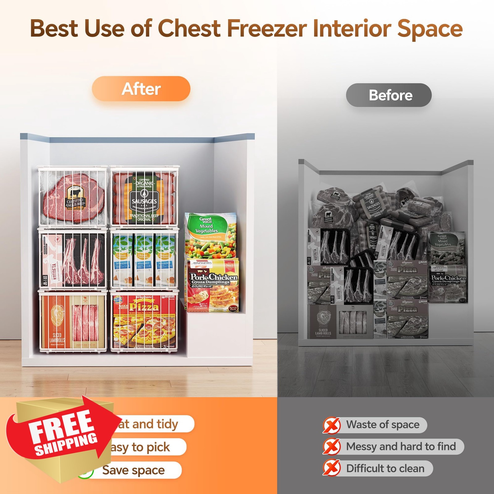 MSERCUOR Freezer Organizer Bins White 3 Pack