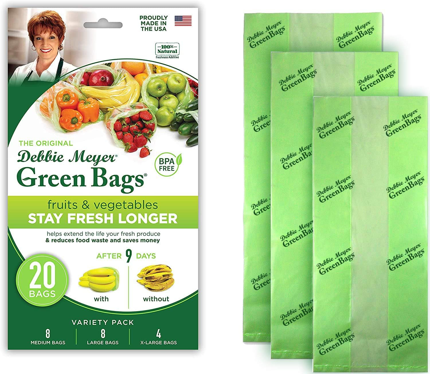 Greenbags 20-Pack (8M, 8L, 4XL) – Keeps Fruits, Vegetables, and Cut Flowers, Fre