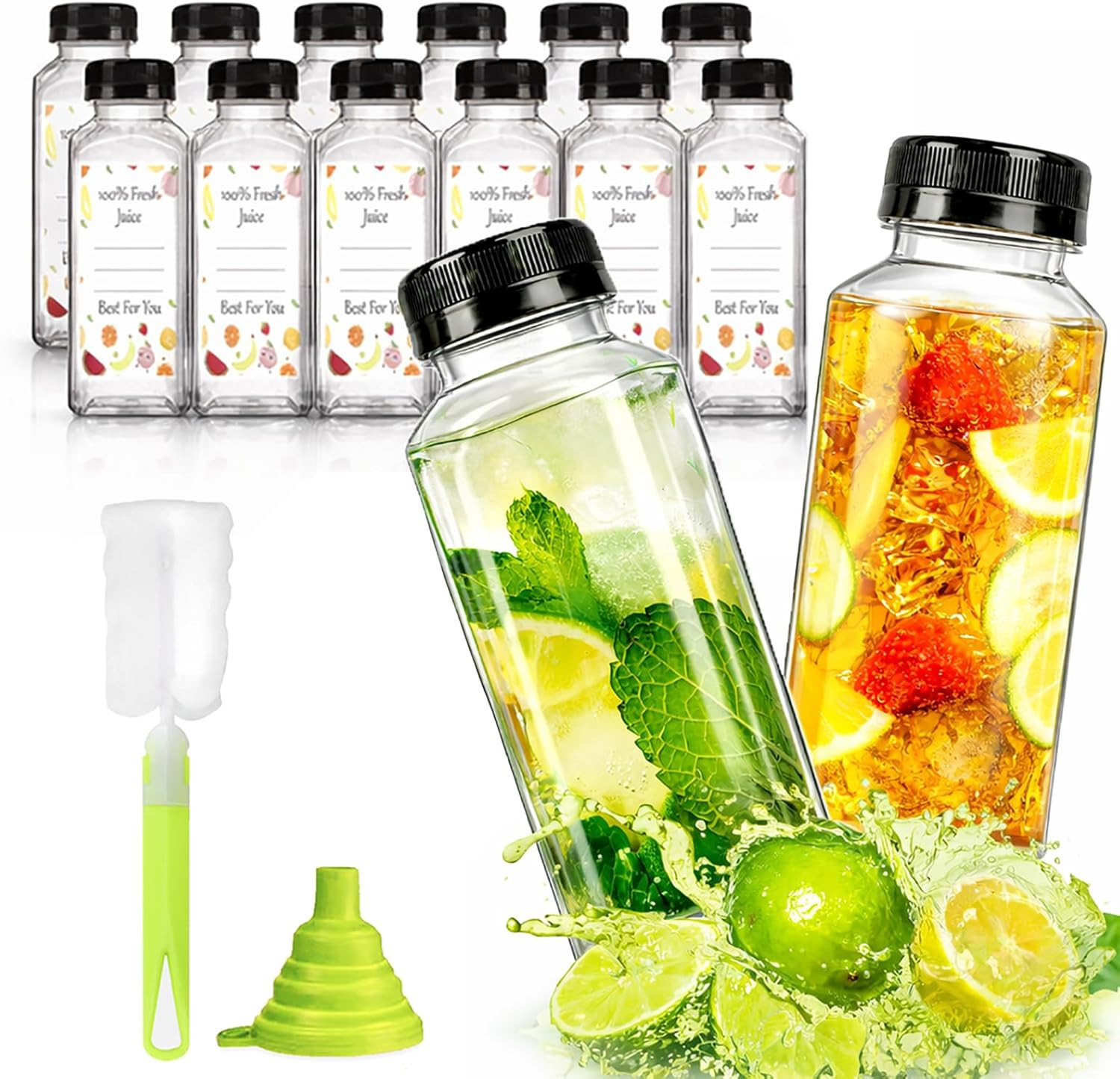 12pcs 12oz Plastic Juice Bottles, Reusable Juice Containers with Black Tamper Pr