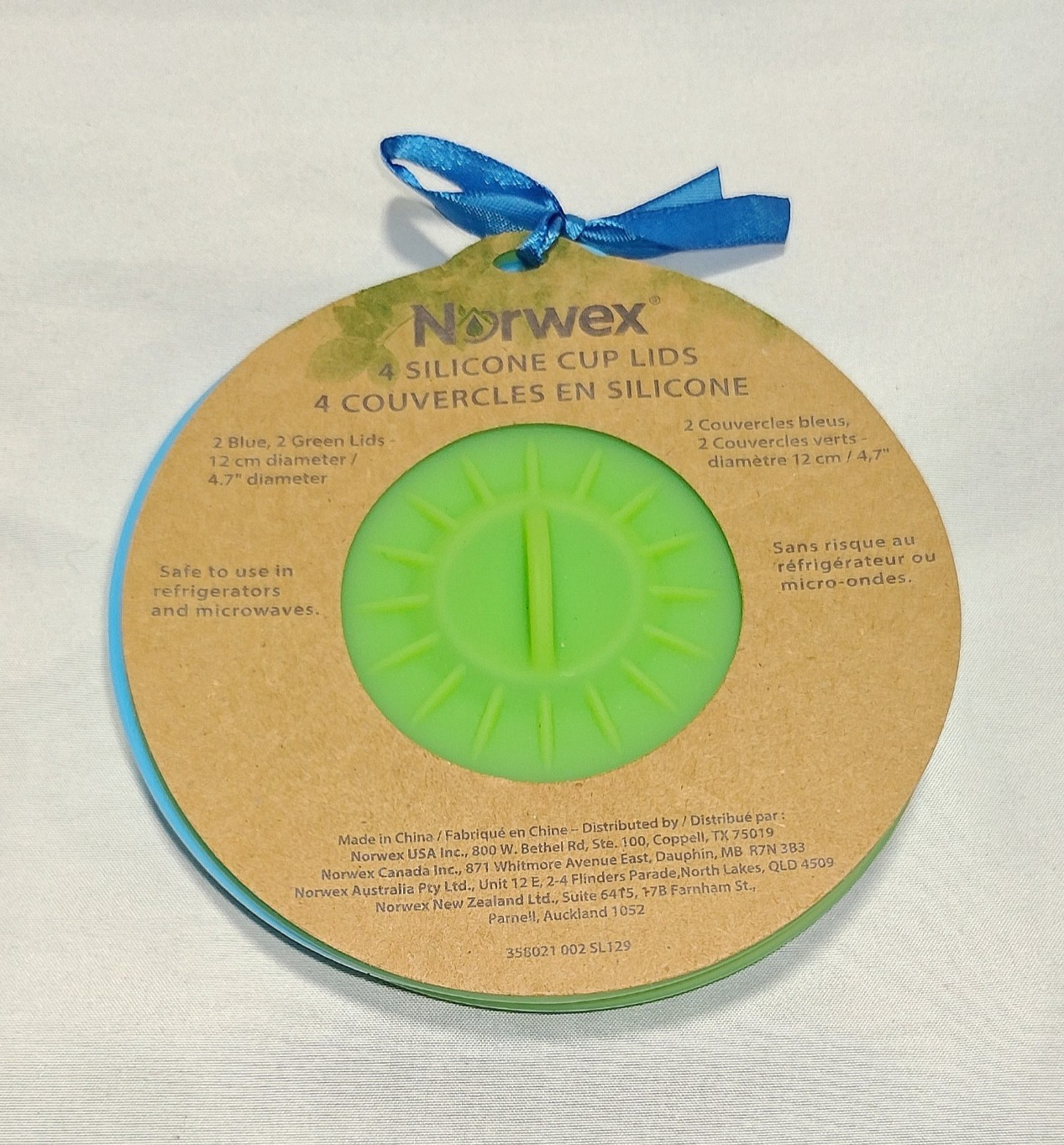 Norwex Silicone Cup Lids 4-Pack, 358021, Blue & Green, 12cm/4.7″ dia, New