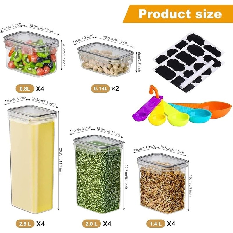 Airtight Food Storage Container Set 18PCS Plastic Kitchen Pantry Labels Spoons