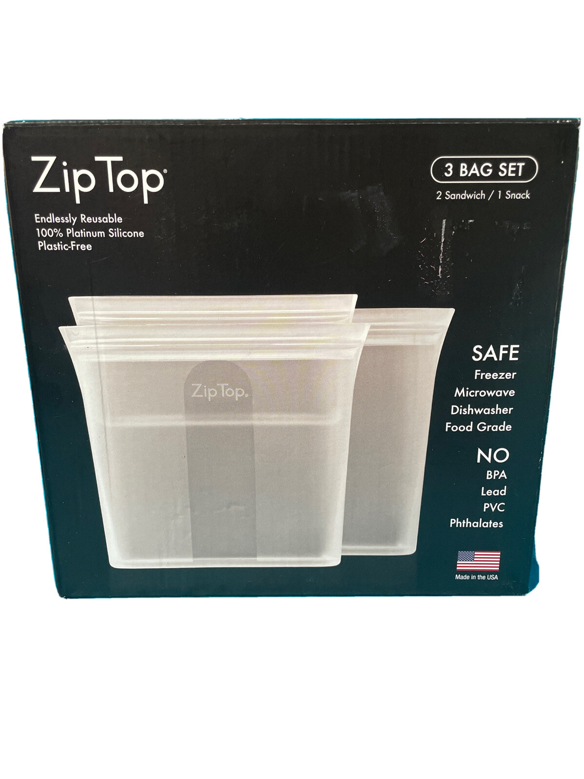 Zip Top Platinum Silicone 3 Bag Set 2 Sandwich 1 Snack No BPA Plastic Free