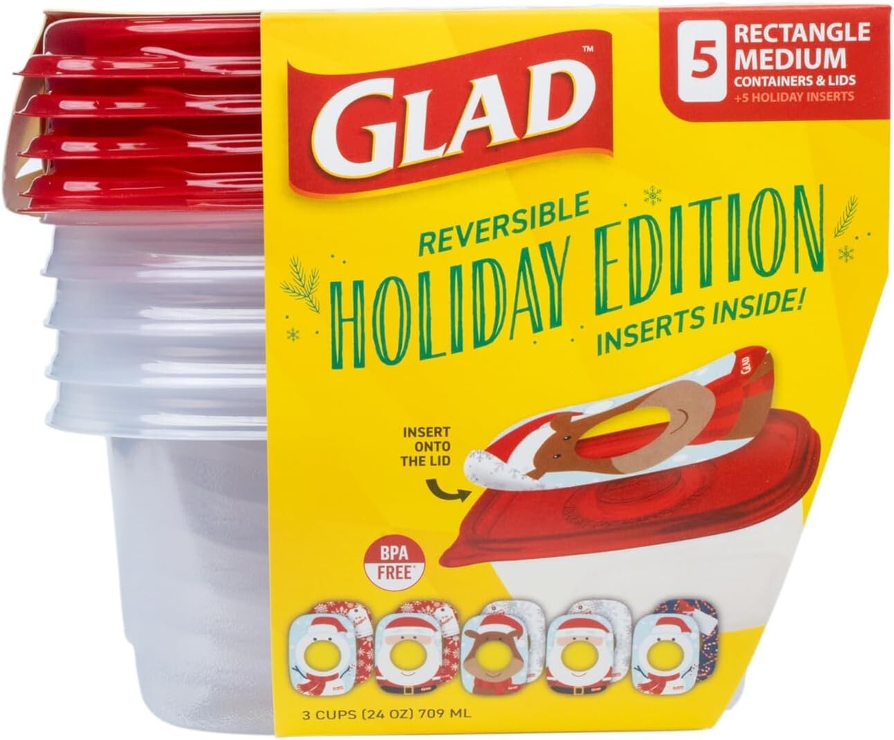 GladWa Family Size Food Storage Containers 24 Ounce (Pack of 5), Standard
