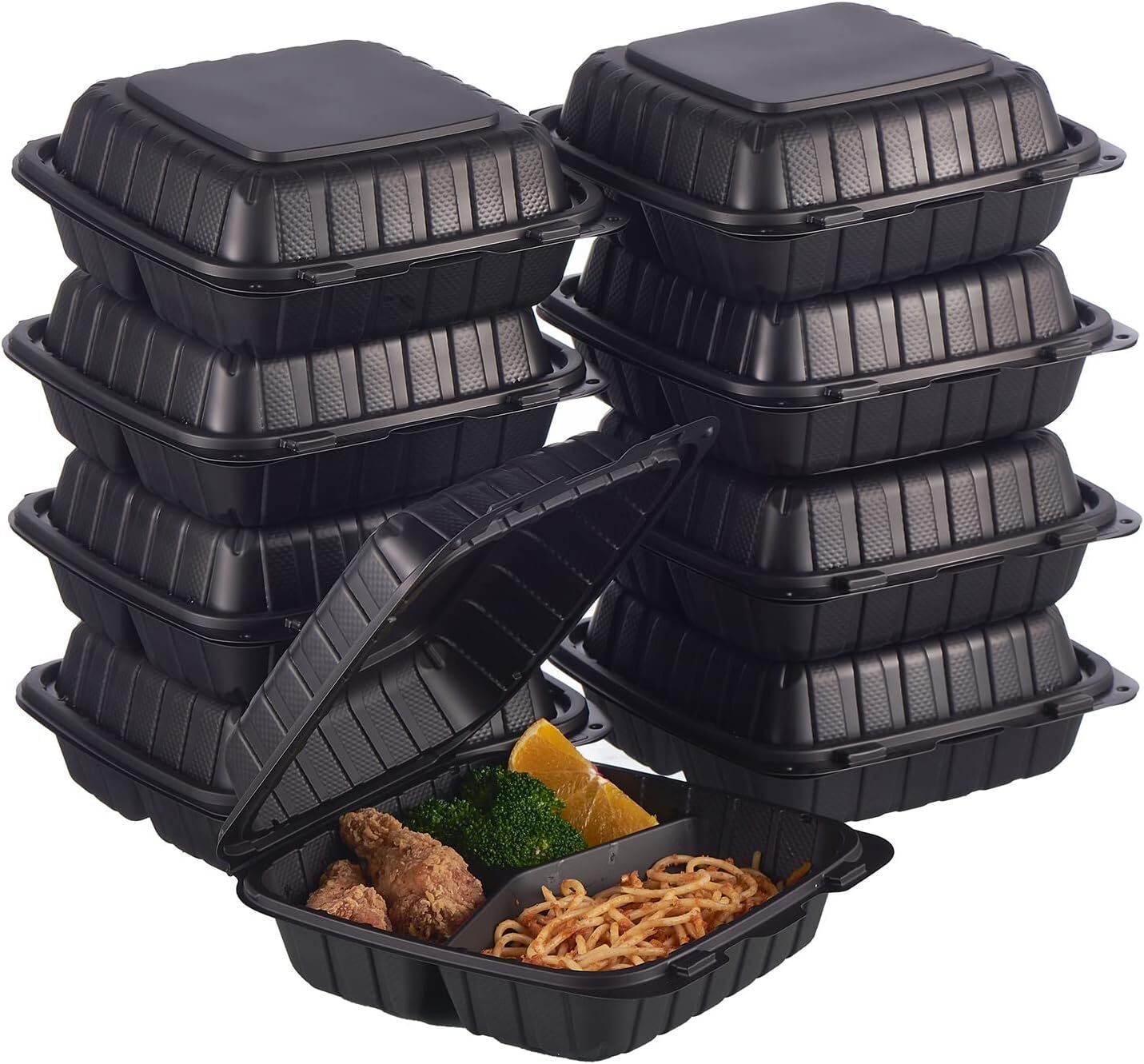 8X8 3-Compartment 50-Pack Plastic Clamshell Takeout Food Trays Heavy black