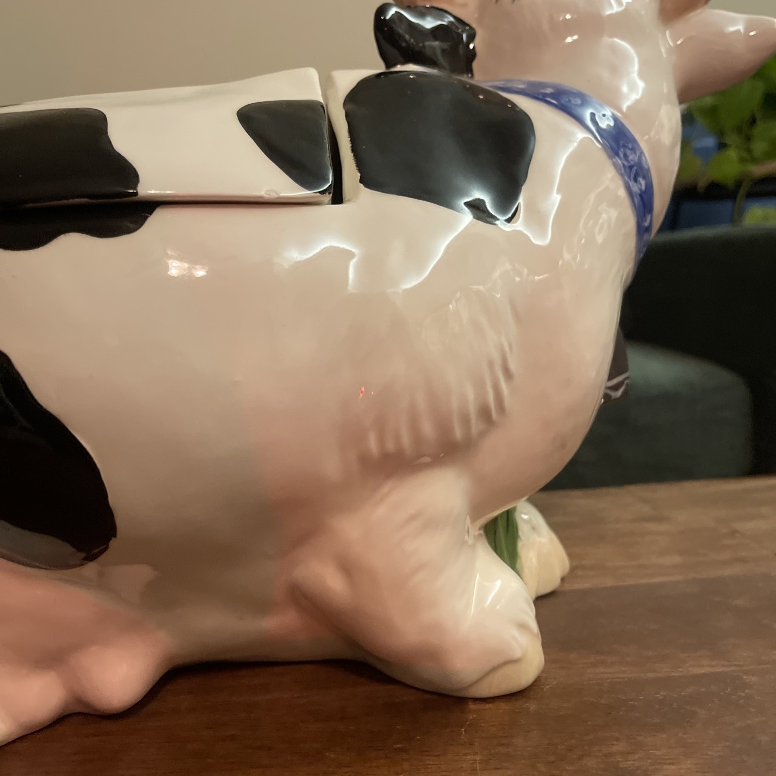 VTG Ceramic Cow Cookie Jar Black White Pink Bow Granny Twin Winton Cottage 16″