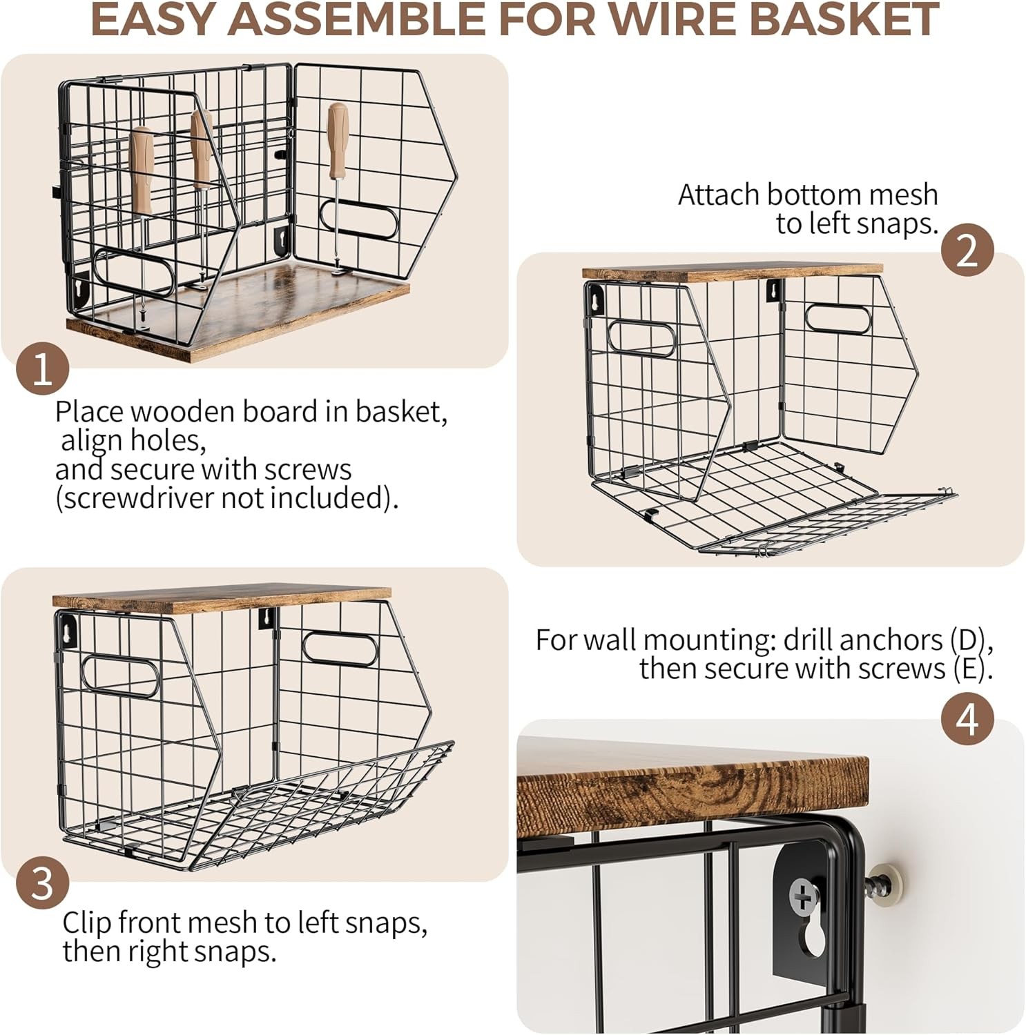 Stackable Metal Fruit Basket with Wooden Lid – Wall and Countertop Organizer
